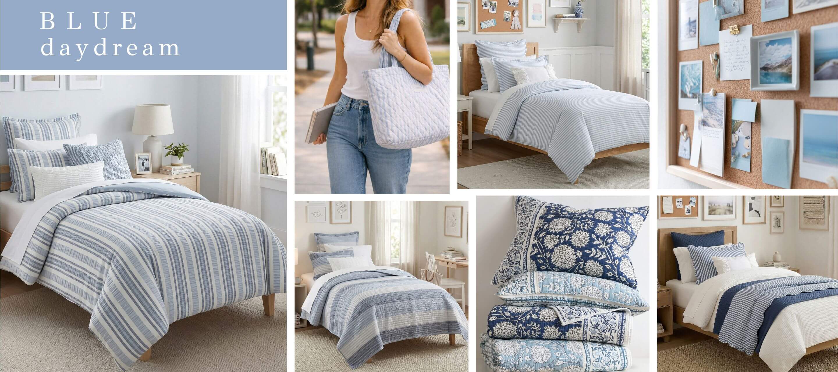Collage of bedroom scenes with blue bedding and decor, featuring text 'BLUE daydream'.