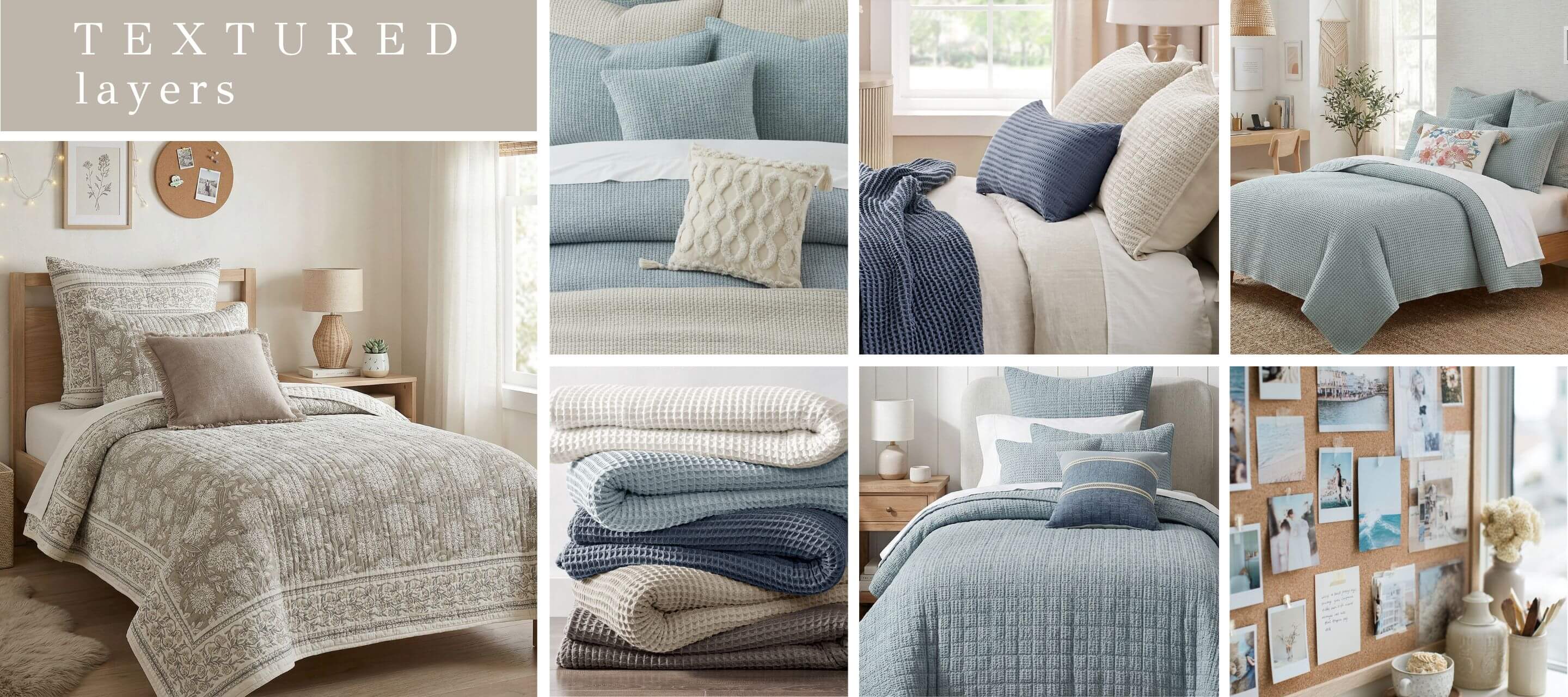 Collage of textured bedding sets in various rooms with text 'Textured Layers'.