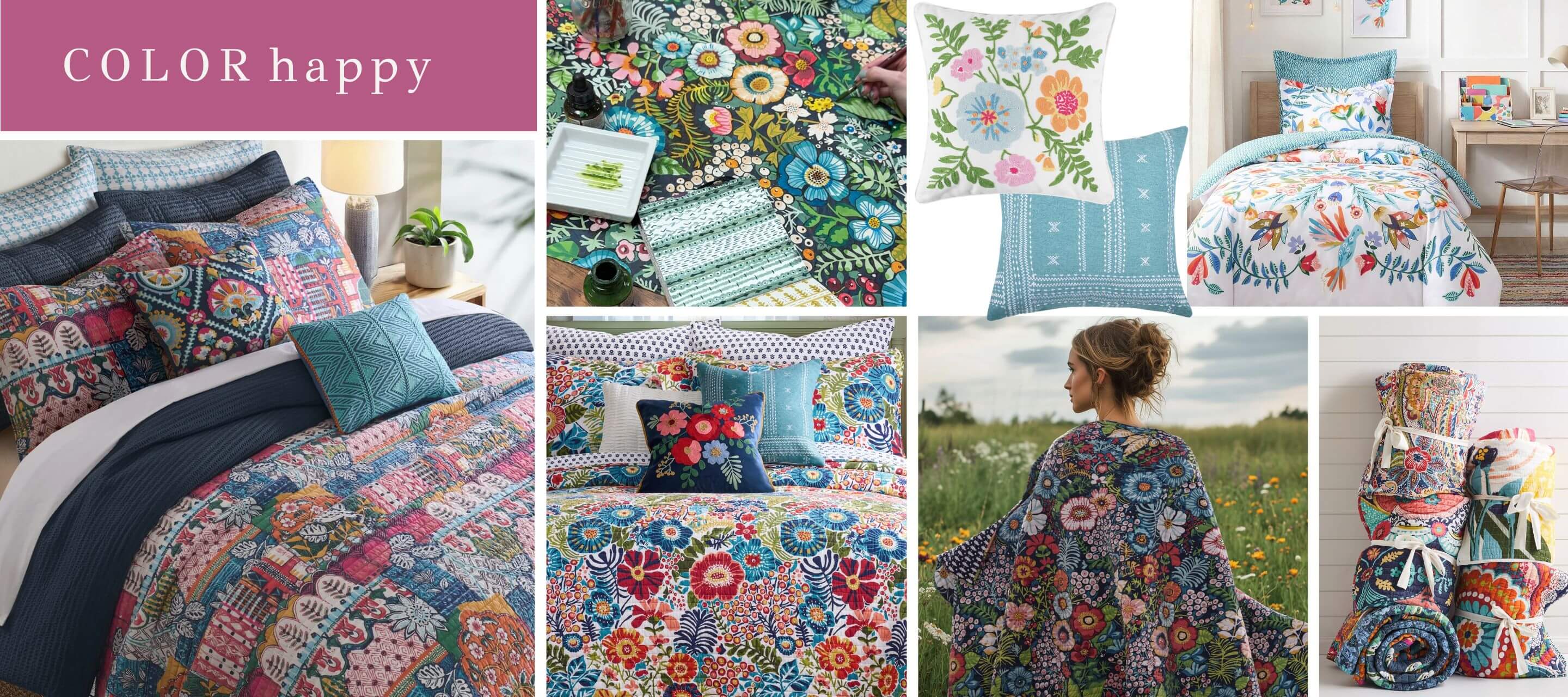 Collage of floral bedding and decor with a 'Color happy' text overlay.