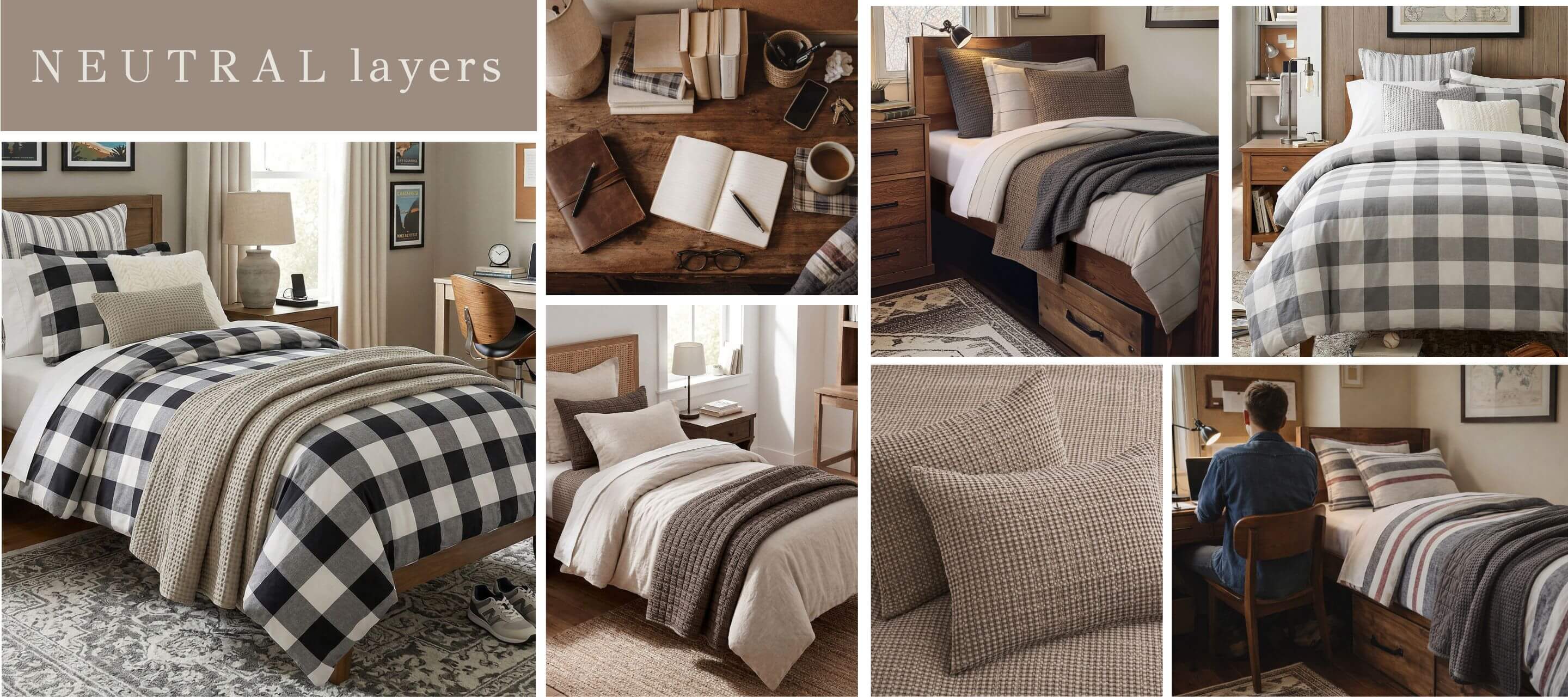 Collage of bedroom scenes with plaid and neutral bedding.
