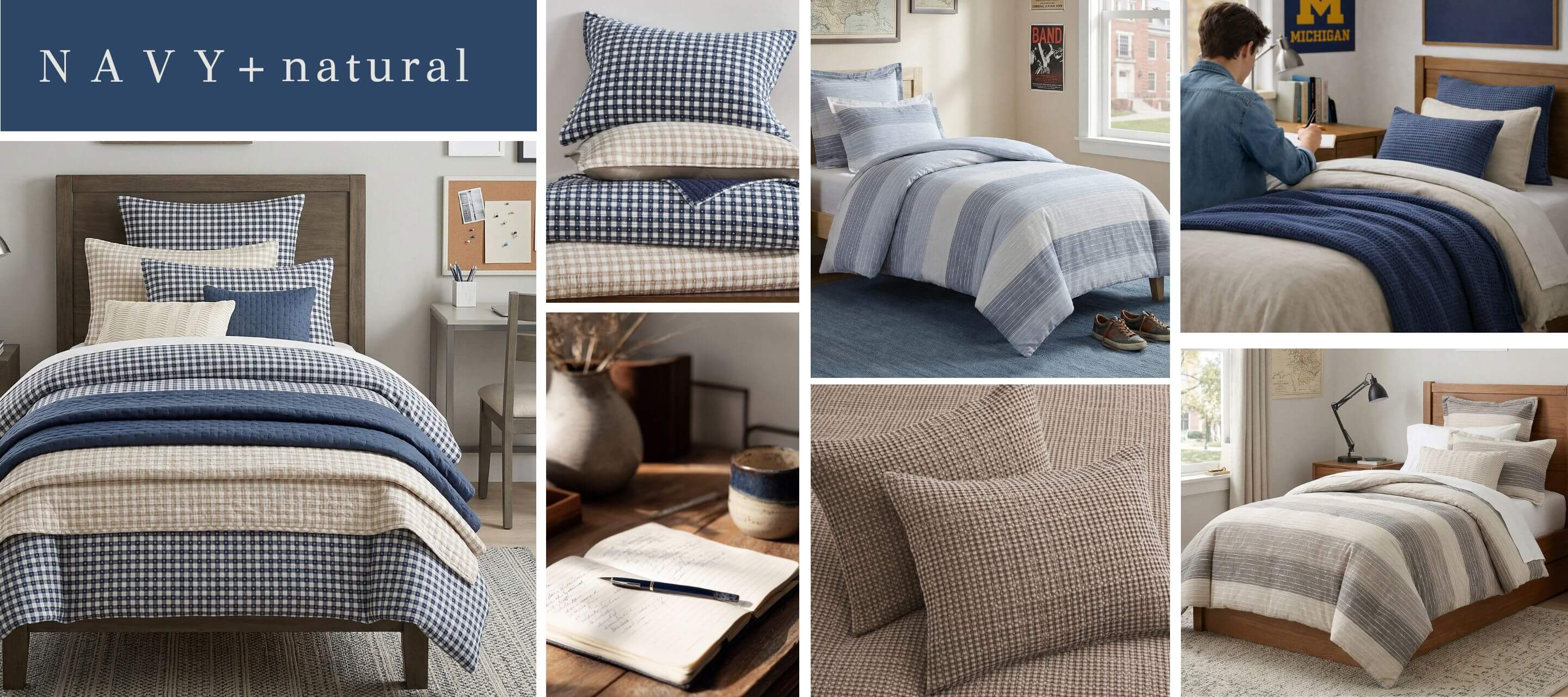 Collage of bedroom scenes with plaid and checkered bedding in navy and natural colors.