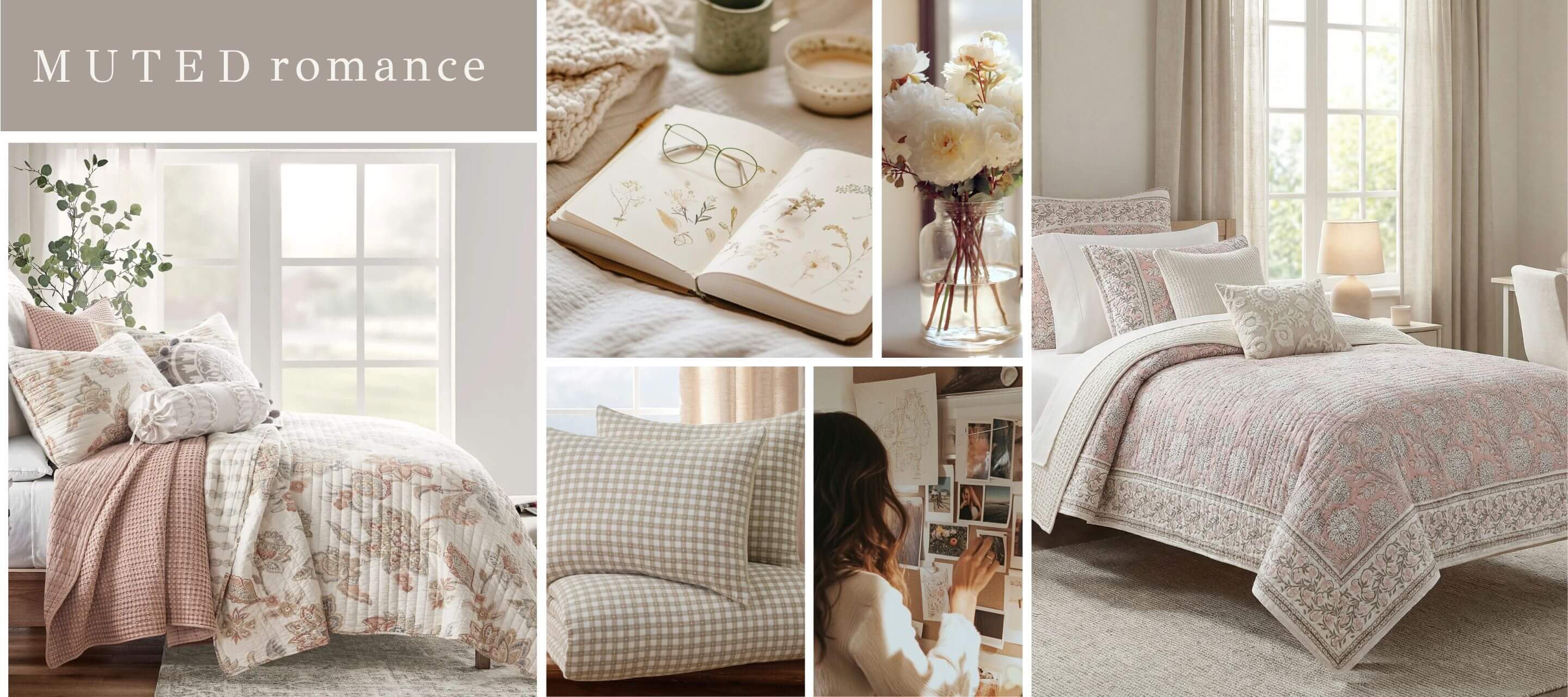 Collage of bedroom scenes with soft bedding and decor, labeled 'Muted Romance'.