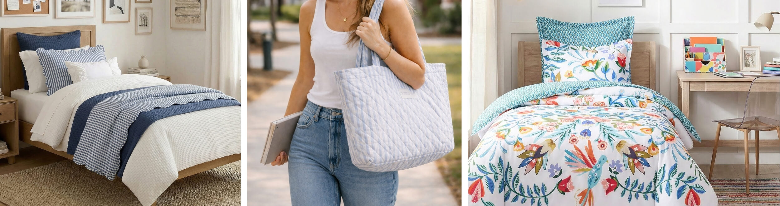 Bedding set with blue and white pattern, person holding a bag, and colorful floral bedding.