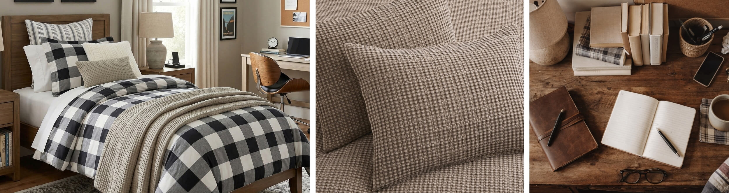 Bedding set with plaid pattern on a bed, checkered pillow on a surface, and a wooden table with books and a phone.