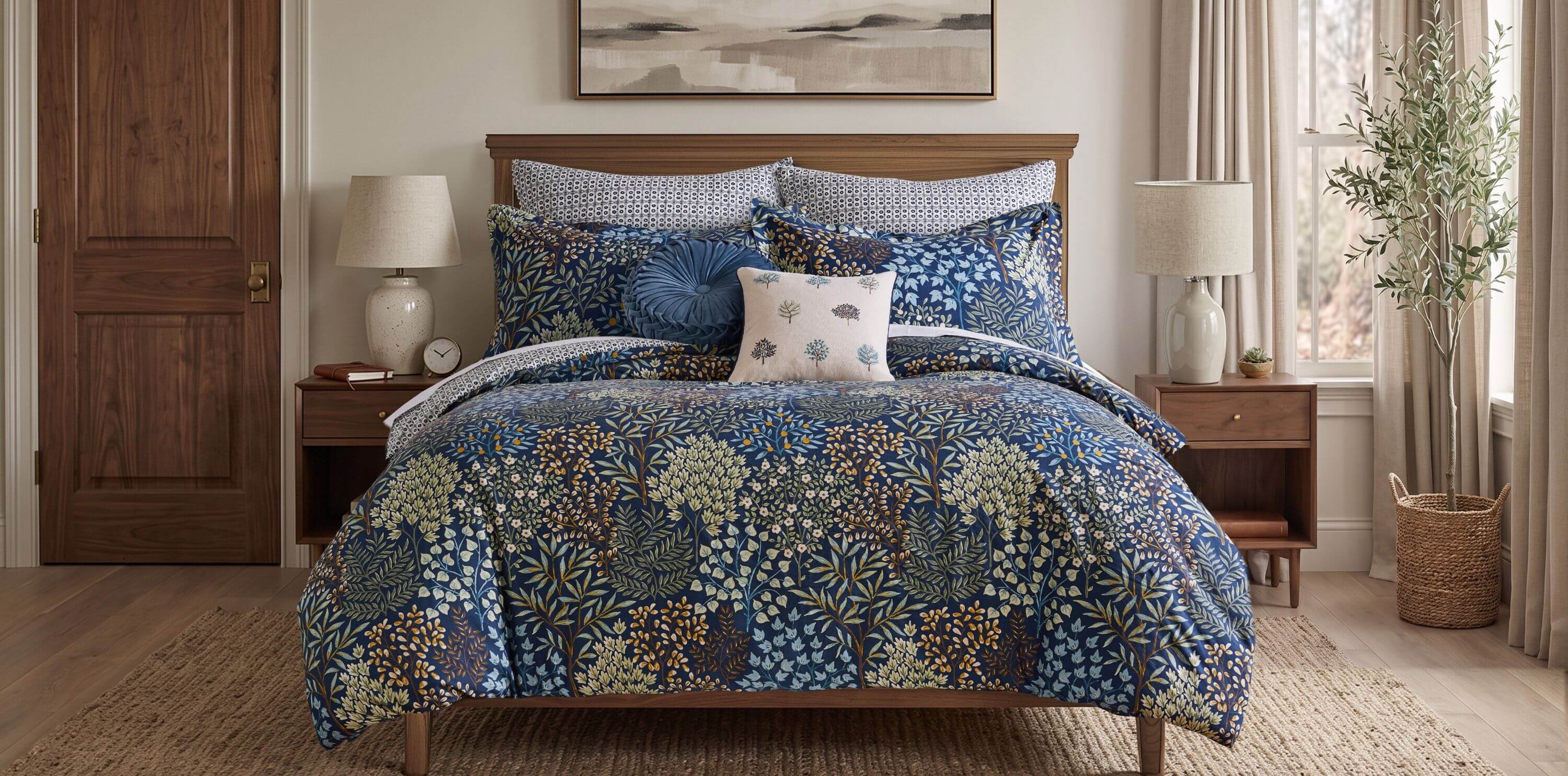 A bed dressed in a blue botanical patterned comforter set with matching pillows, styled in a warm, neutral-toned bedroom with wooden nightstands, lamps, and a window.