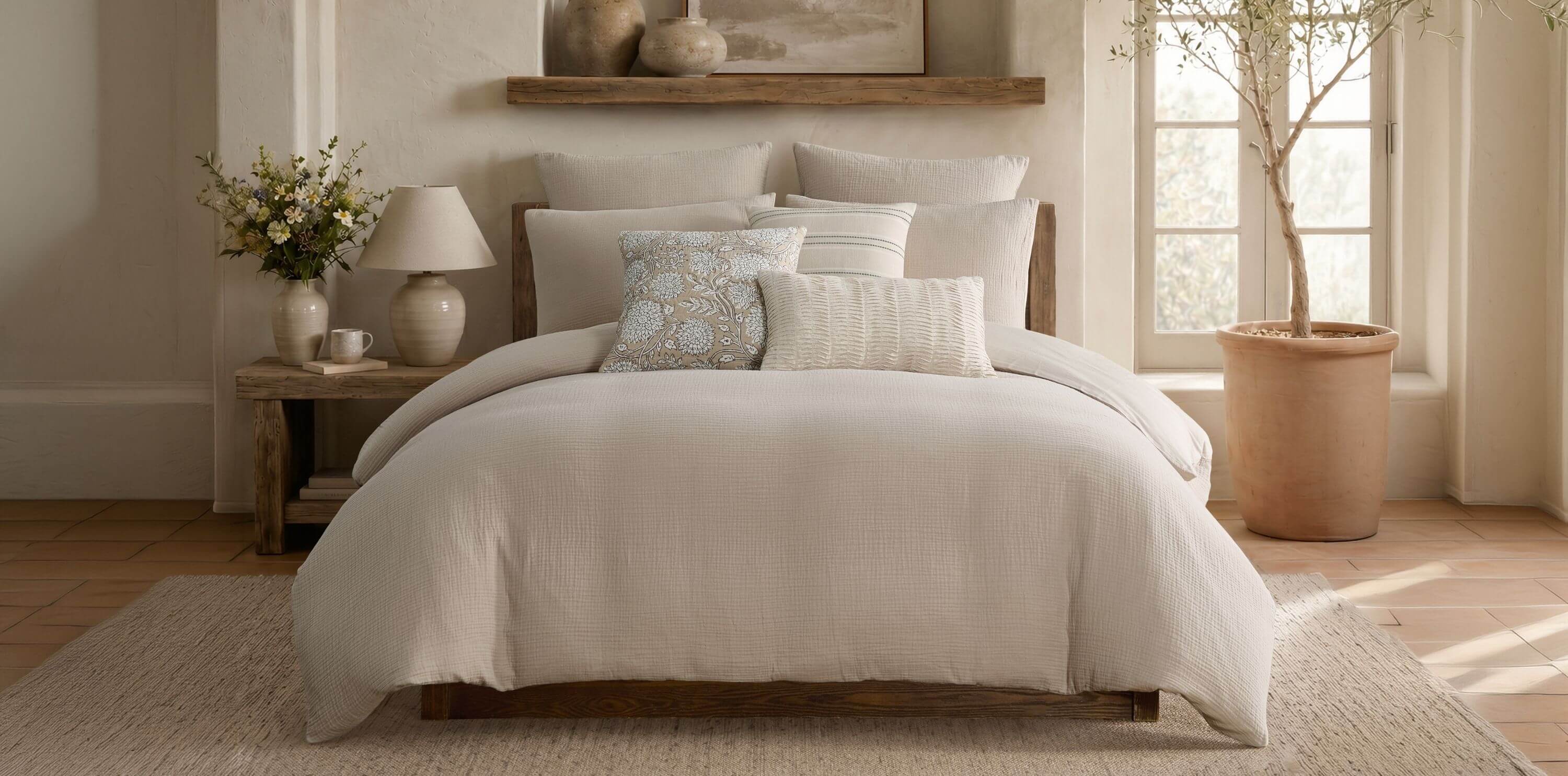 A neatly made bed in a softly lit bedroom, dressed in off-white bedding with several pillows, including one light blue patterned accent pillow. The room has a wooden headboard, a bedside table with a lamp and flowers, a window, and a potted tree.