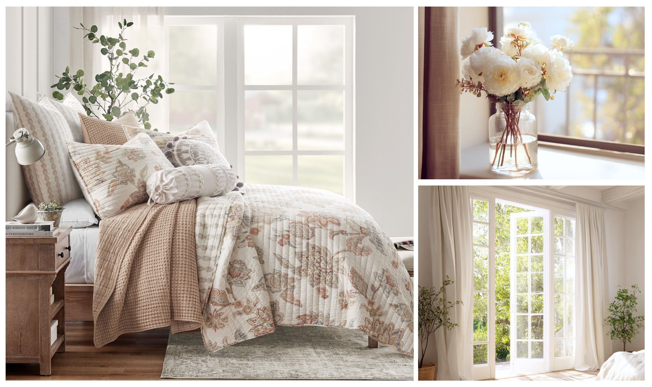 Collage of a bedroom with floral bedding, a vase of flowers, and a window view.