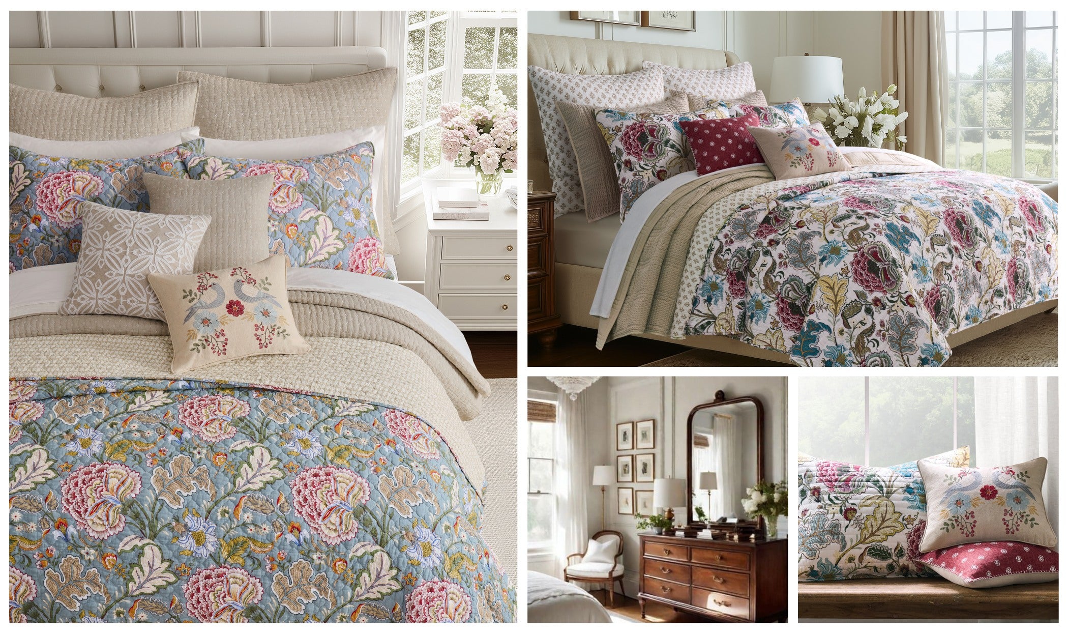 Collage of floral bedding and pillows in a bedroom setting