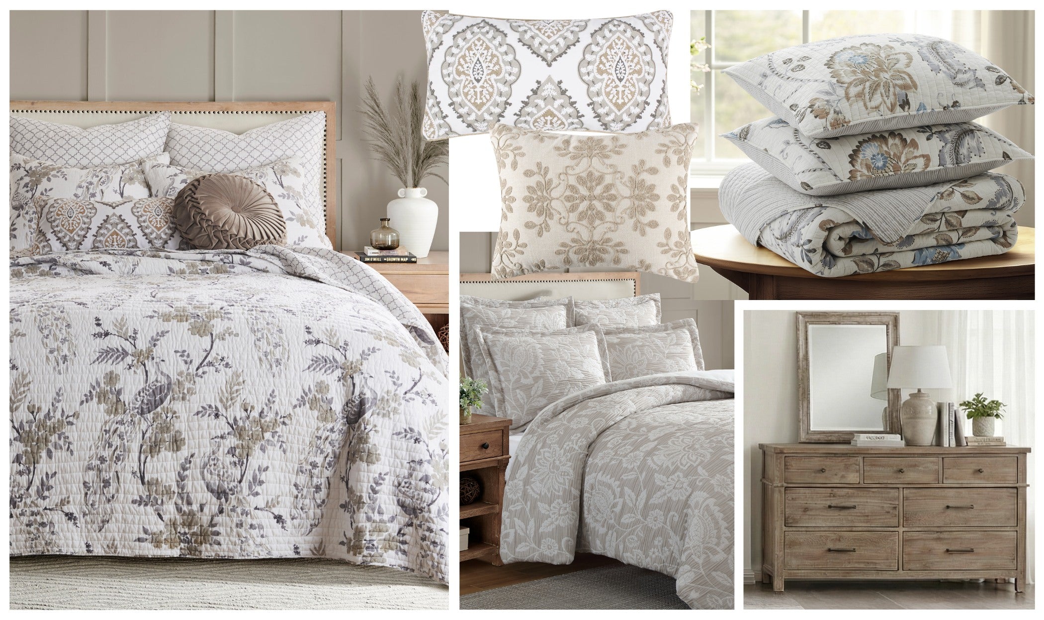 Collage of floral bedding set, pillows, and dresser in a bedroom setting.