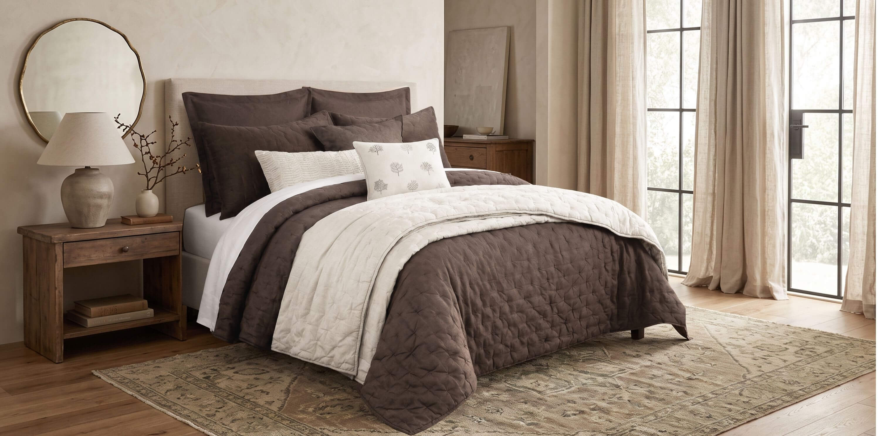 A bed dressed in a quilted brown and white bedding set, styled in a warm, neutral-toned bedroom with wooden nightstands, a lamp, a mirror, and large windows with beige curtains.
