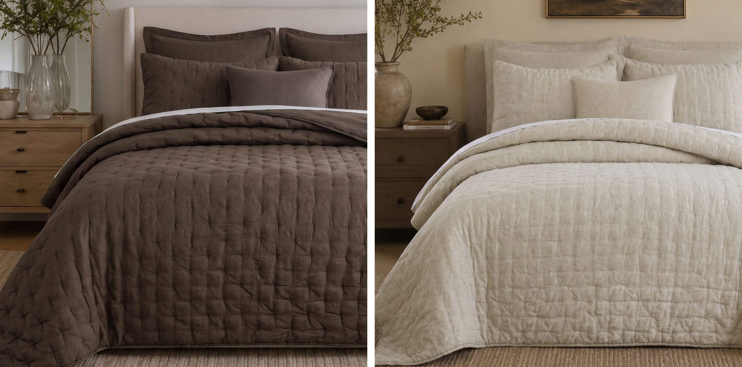 Two quilted bedding sets shown side by side in a bedroom setting: one in dark taupe-brown and one in warm off-white/cream. Each set includes a quilted comforter and matching pillows, with bedside tables, lamps, and vases visible.