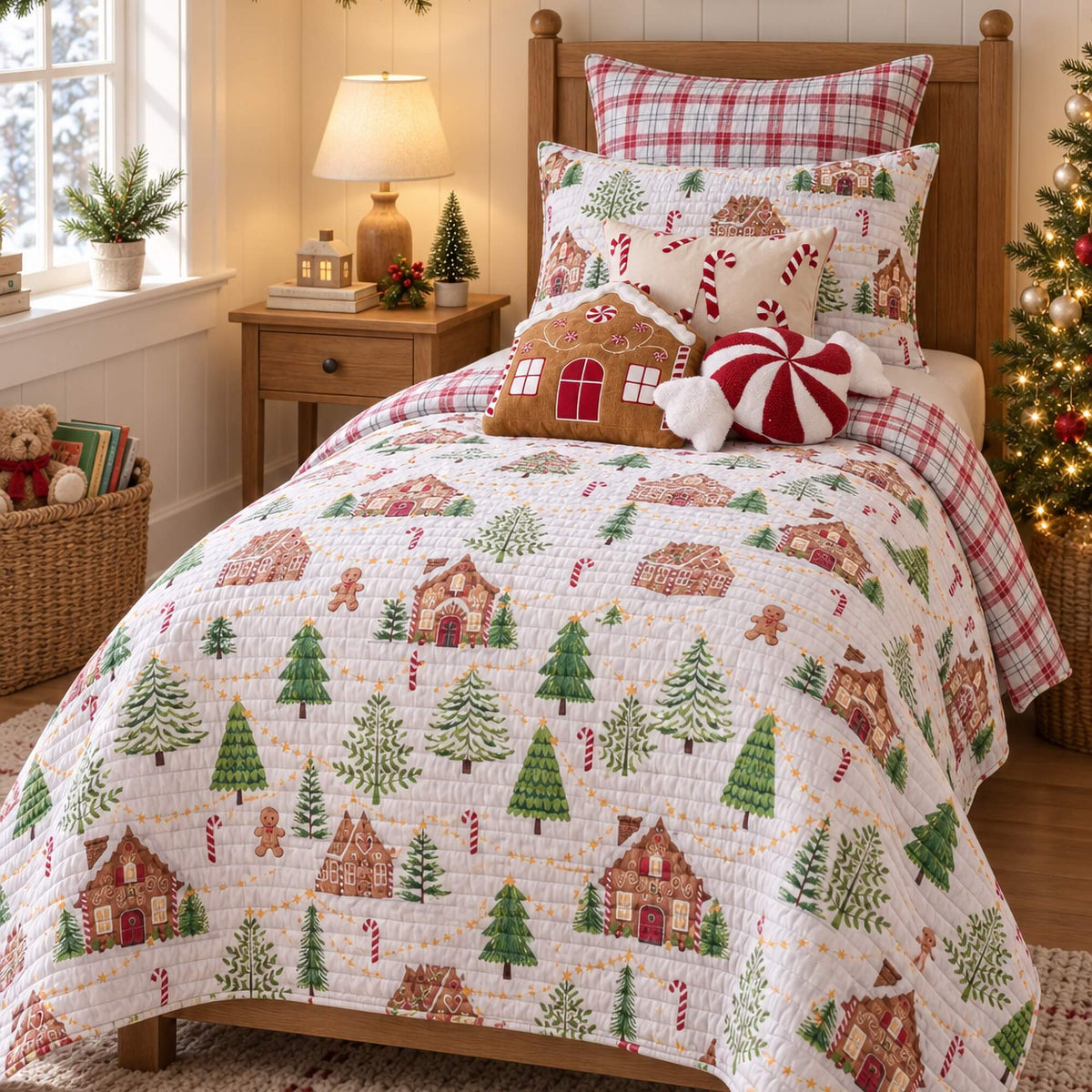 A cozy child's bed styled for Christmas, featuring a quilted white quilt with a festive pattern of gingerbread houses, evergreen trees, candy canes, and plaid pillows, set in a warm, decorated bedroom.
