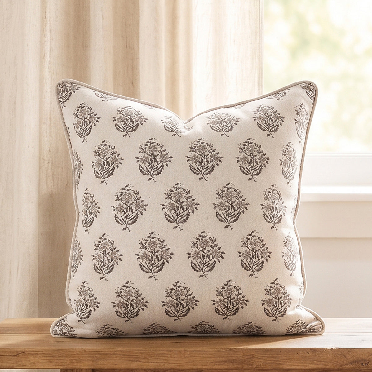 Cross Stitch floral medallion Taupe Pillow 18x18