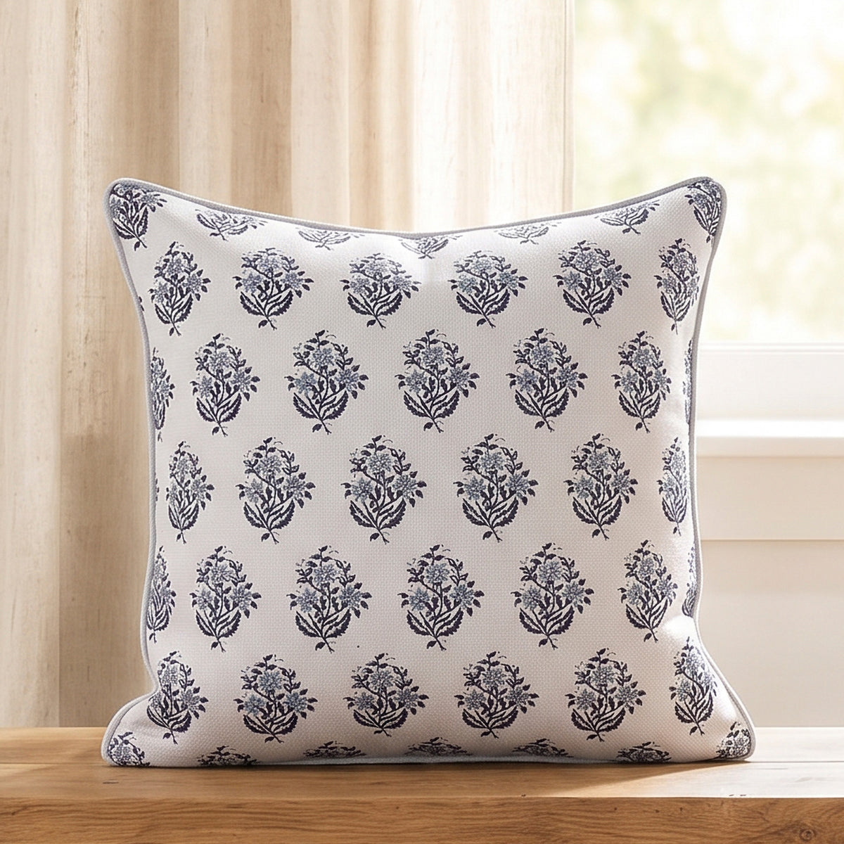 Cross Stitch floral Medallion Navy Pillow 18x18