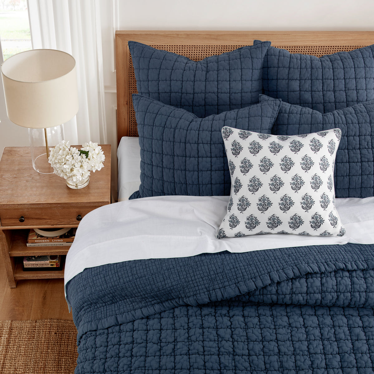Cross Stitch floral Medallion Navy Pillow 18x18