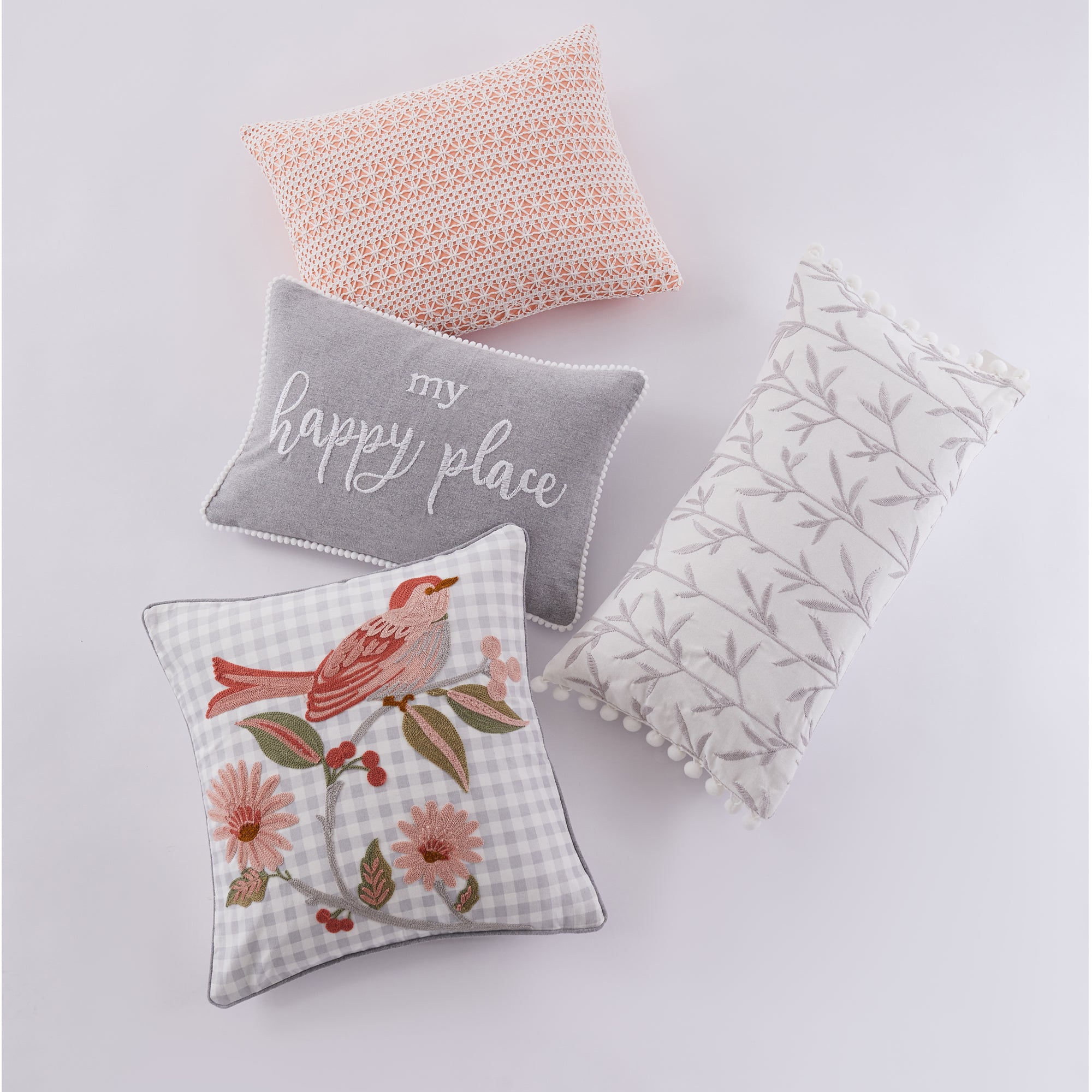 Pippa Embroidered Leaves Pom Pillow