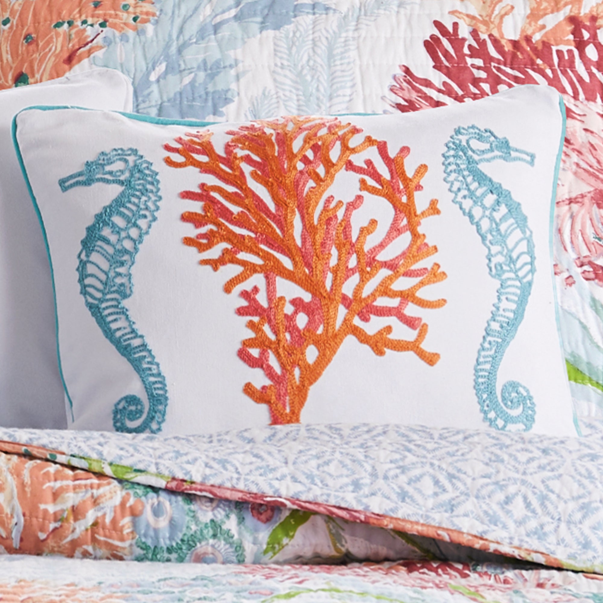 Sunset Bay Seahorses Coral Pillow