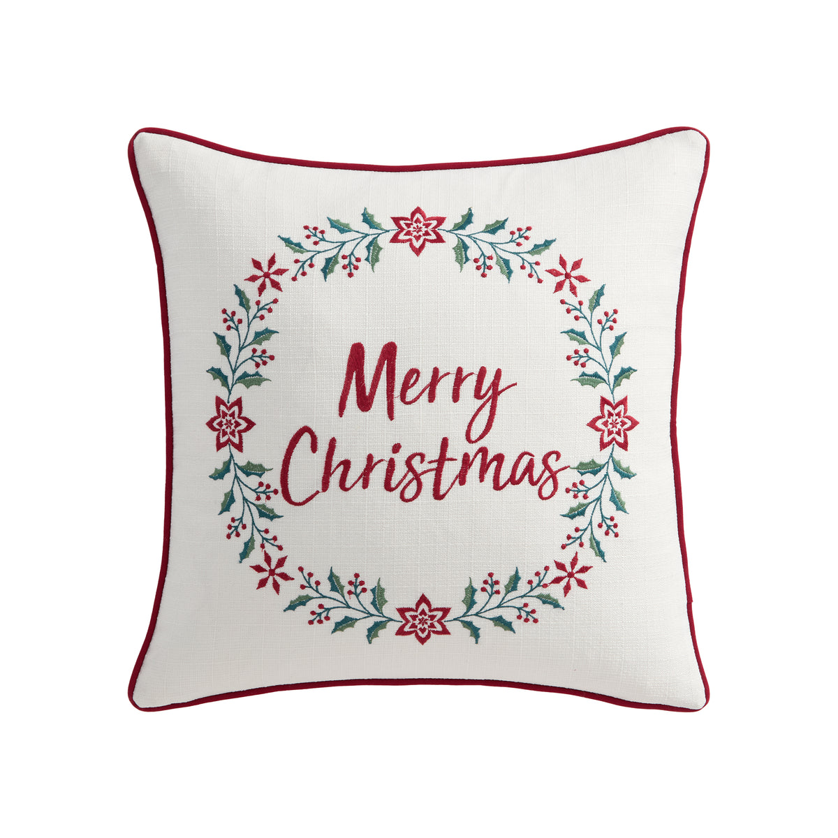 Holly & Thistle Embroidered Merry Wreath Pillow 18x18