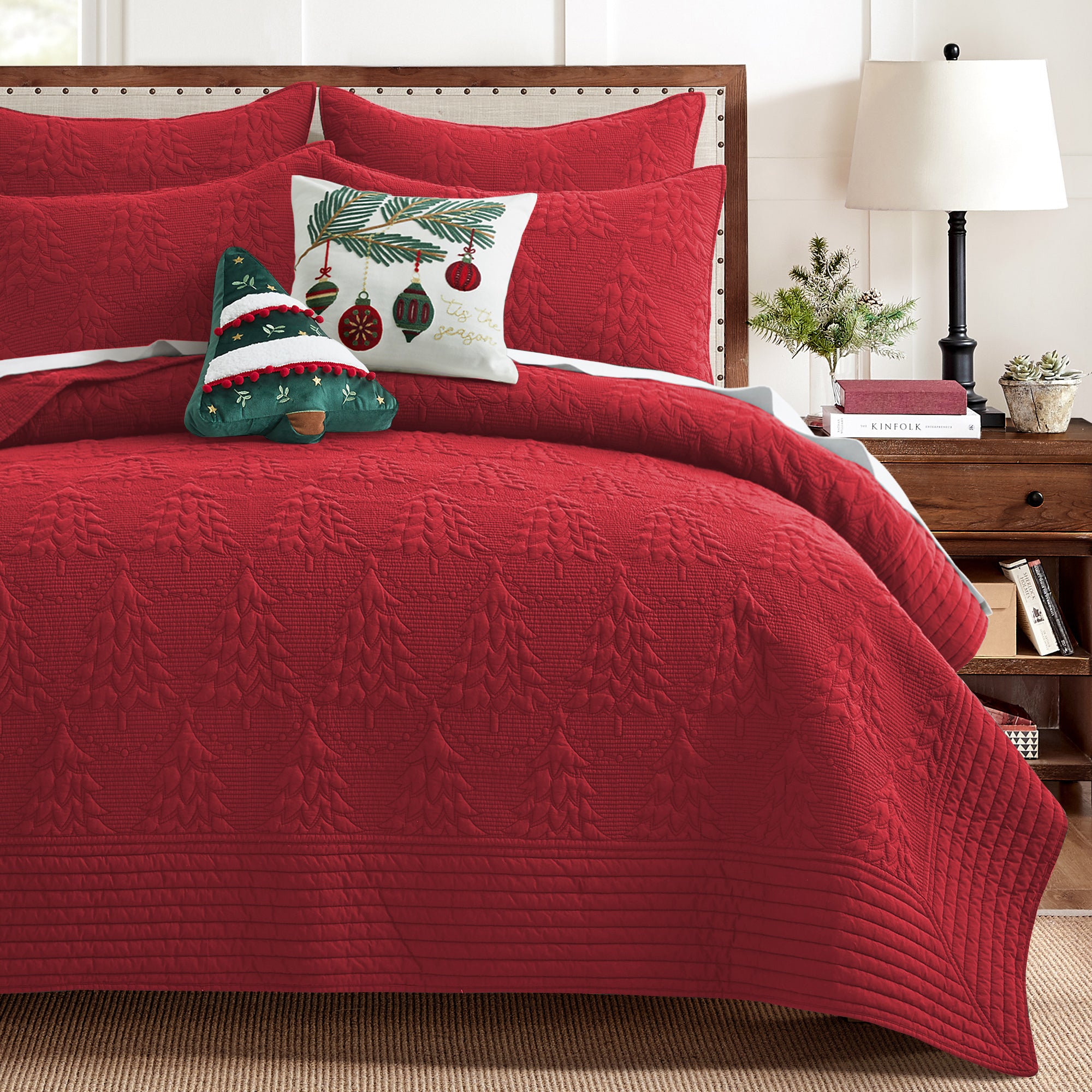 Levtex Home Set Trapunta Natalizia Winterberry Forest: Piena/Queen + 2 Federe - Verde, Rosso, Grigio