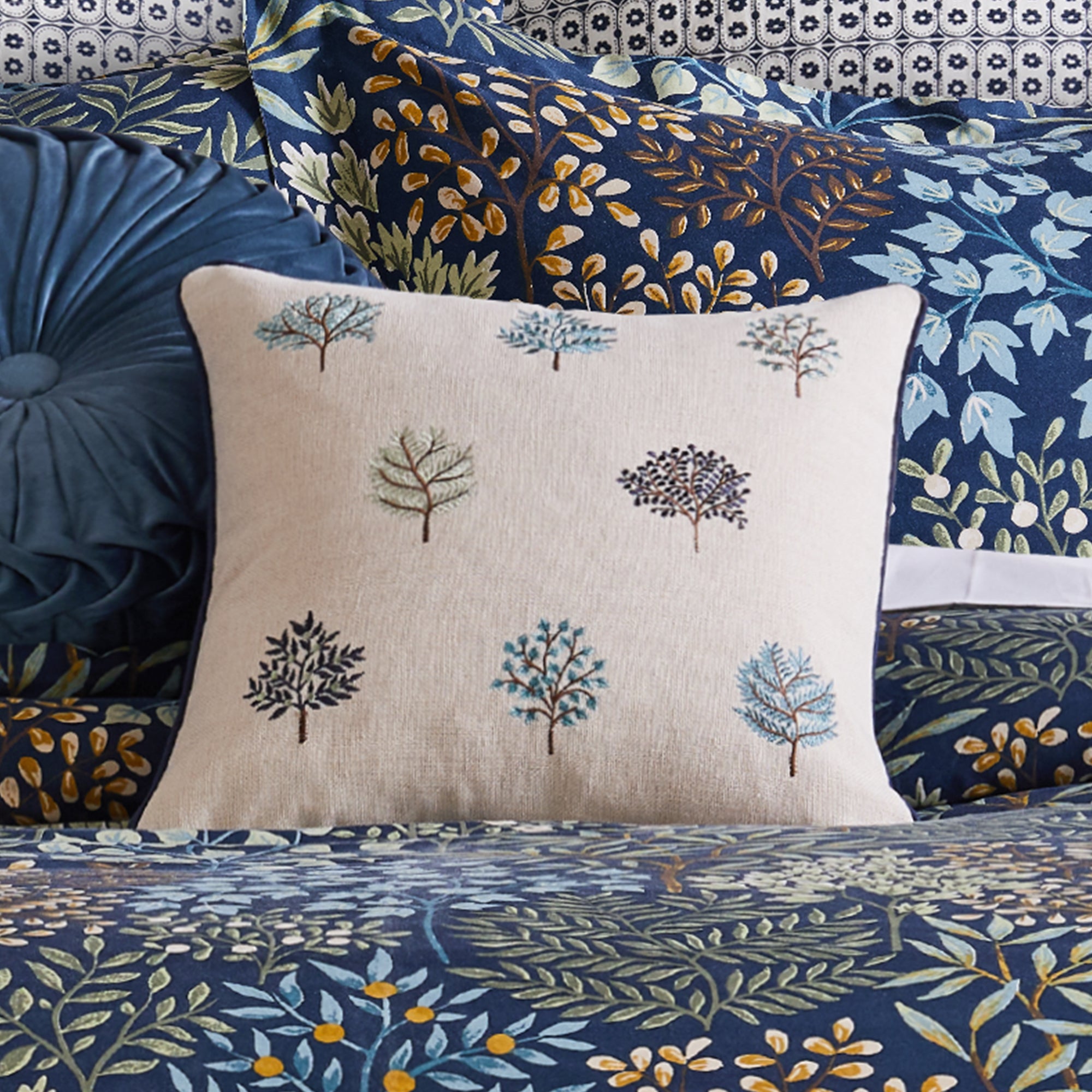 English Forest Embroidered Tree Pillow