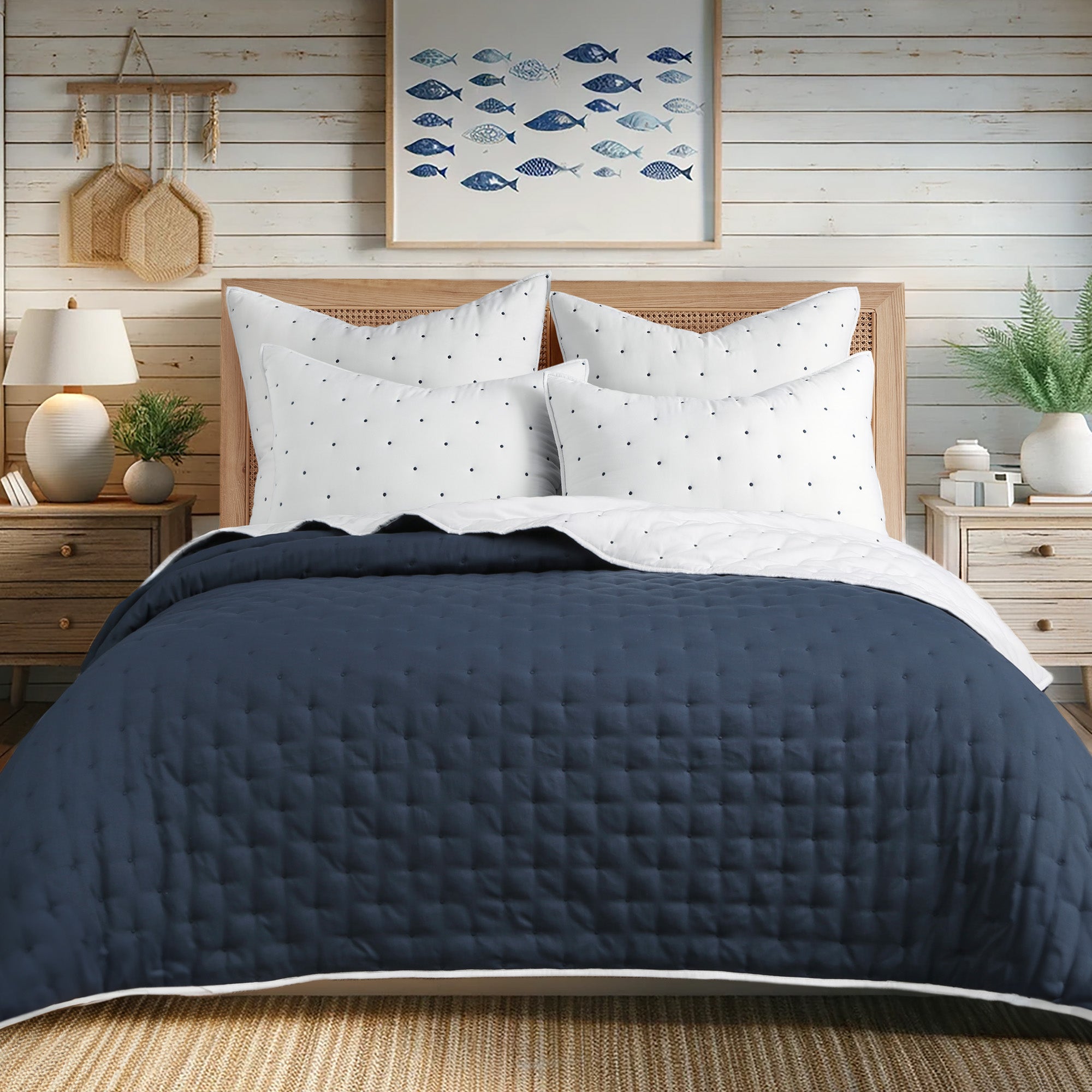 Embroidered Swiss Dot Navy Quilt Set