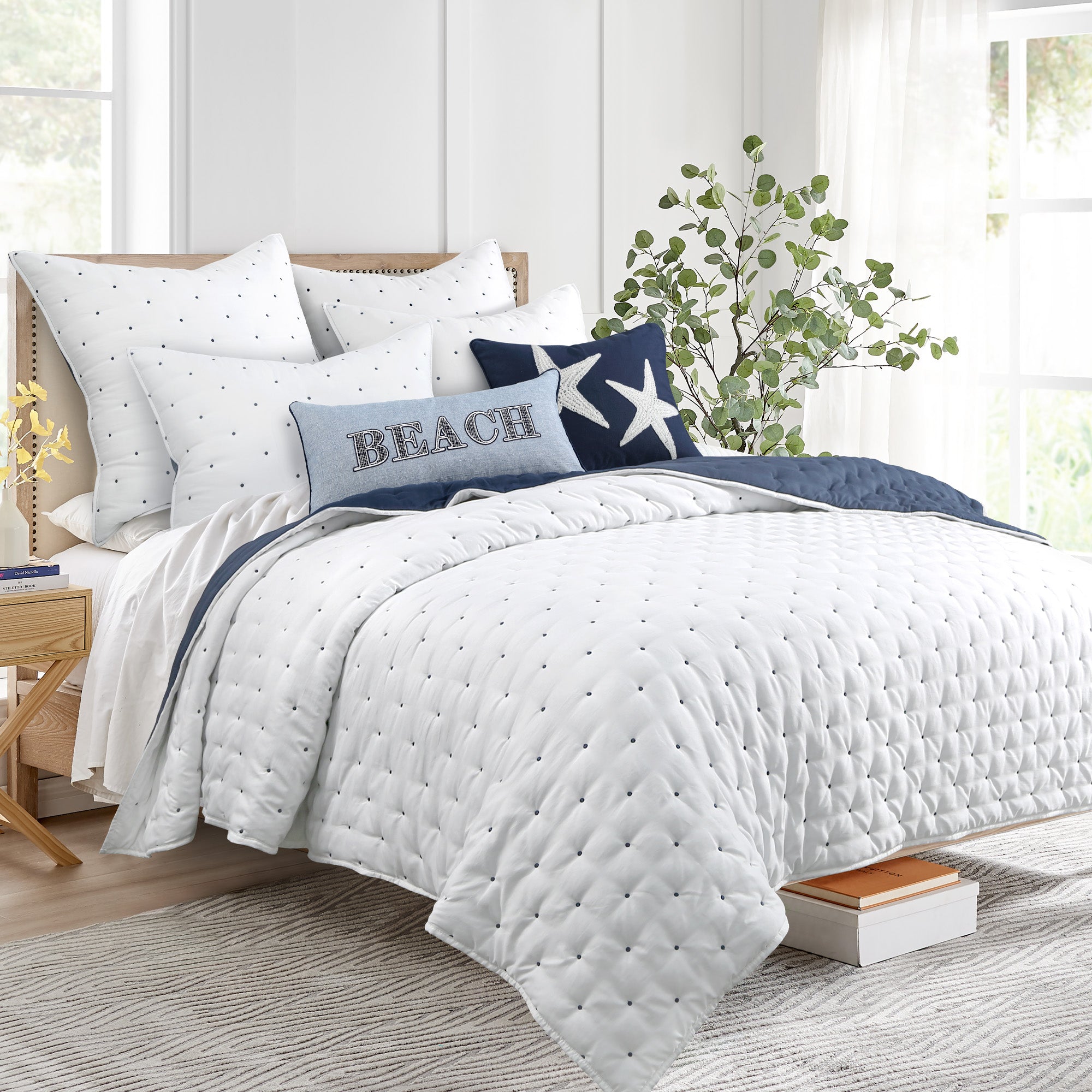 Embroidered Swiss Dot Navy Quilt Set