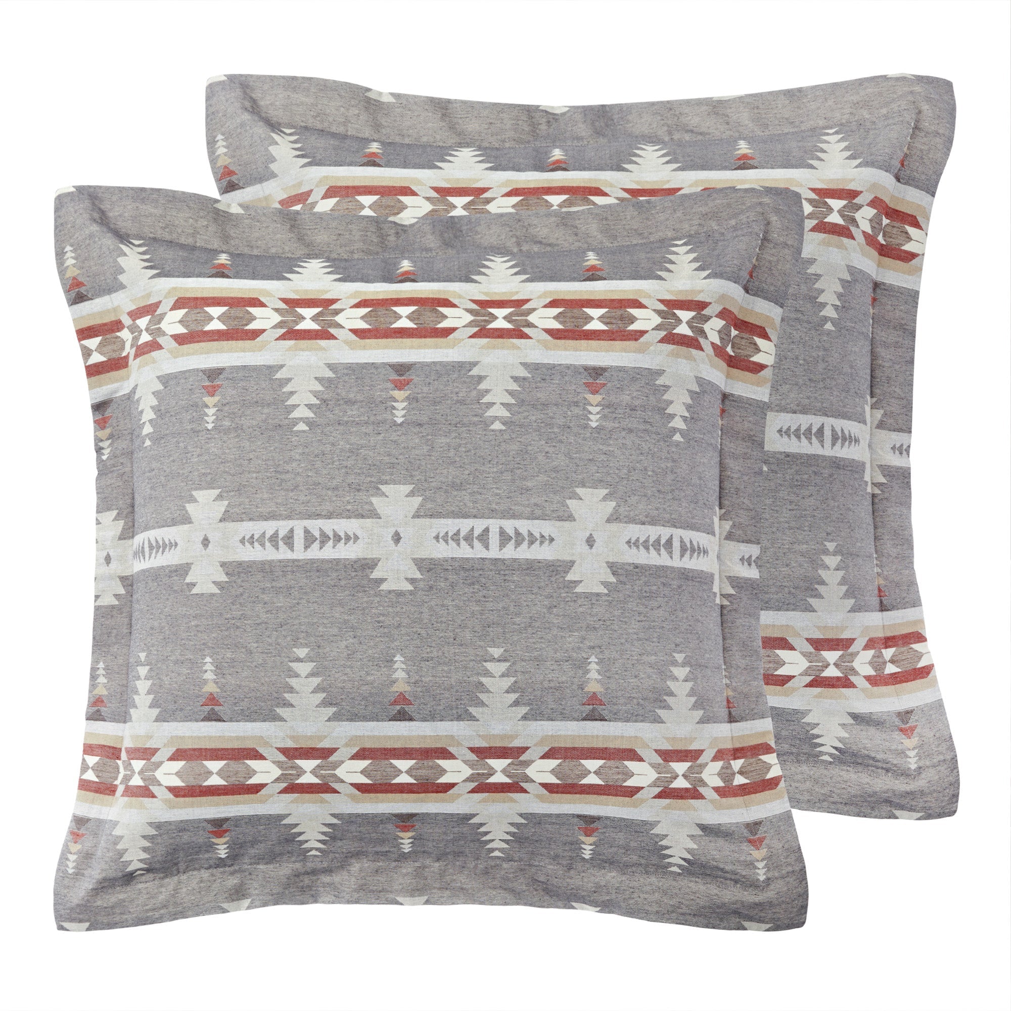 Corrales Bundle: Quilt Set + Euro Sham with Flange Unquilted Set of 2 + Rust Embroidered Pillow + Grey Embroidered Pillow