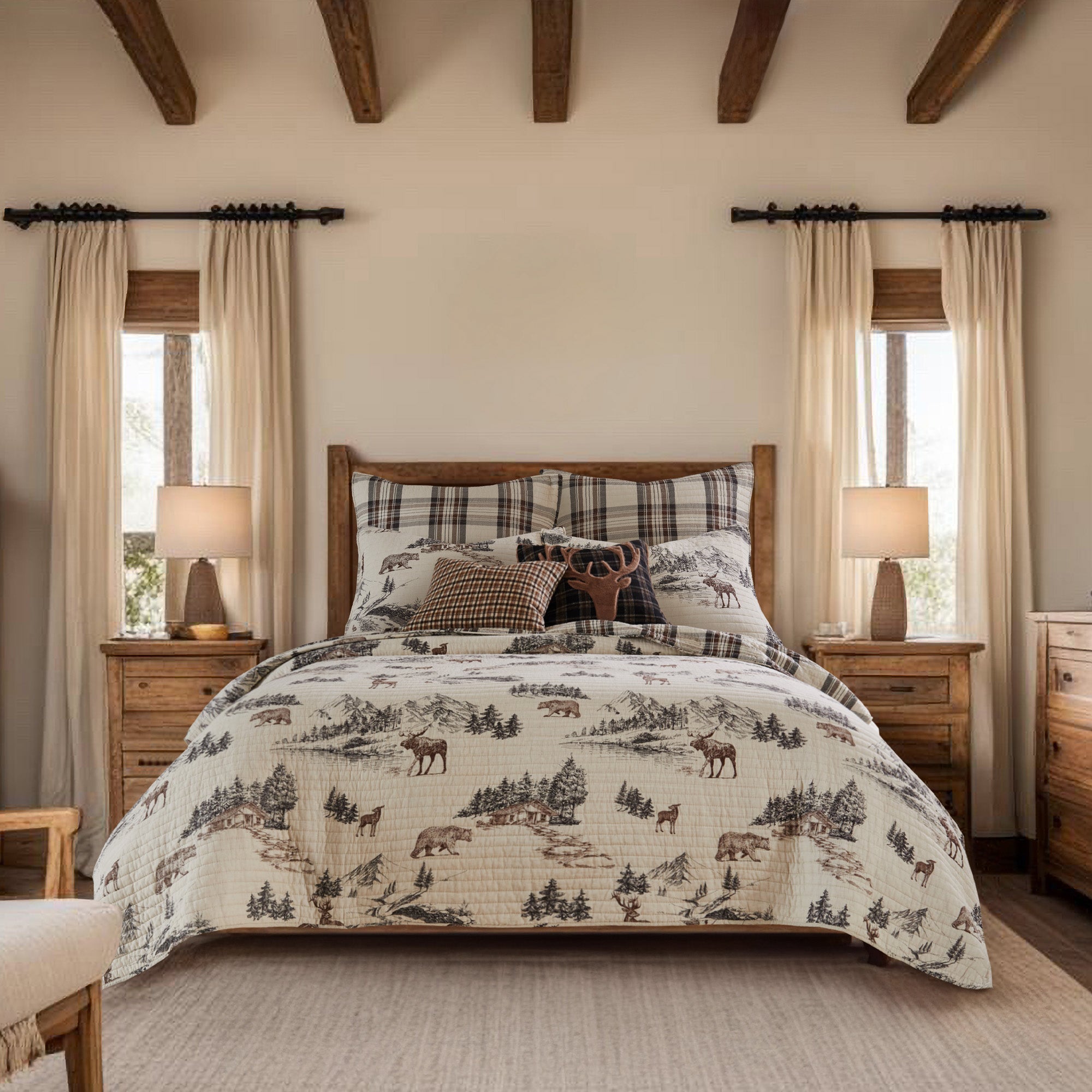 Lodge Toile and Corrales Christmas Bundle: Lodge Toile Quilt Set + Corrales Duvet/Comforter Set + Euro Sham Set of 2 + Antler Pillow + Embroidered Pillow