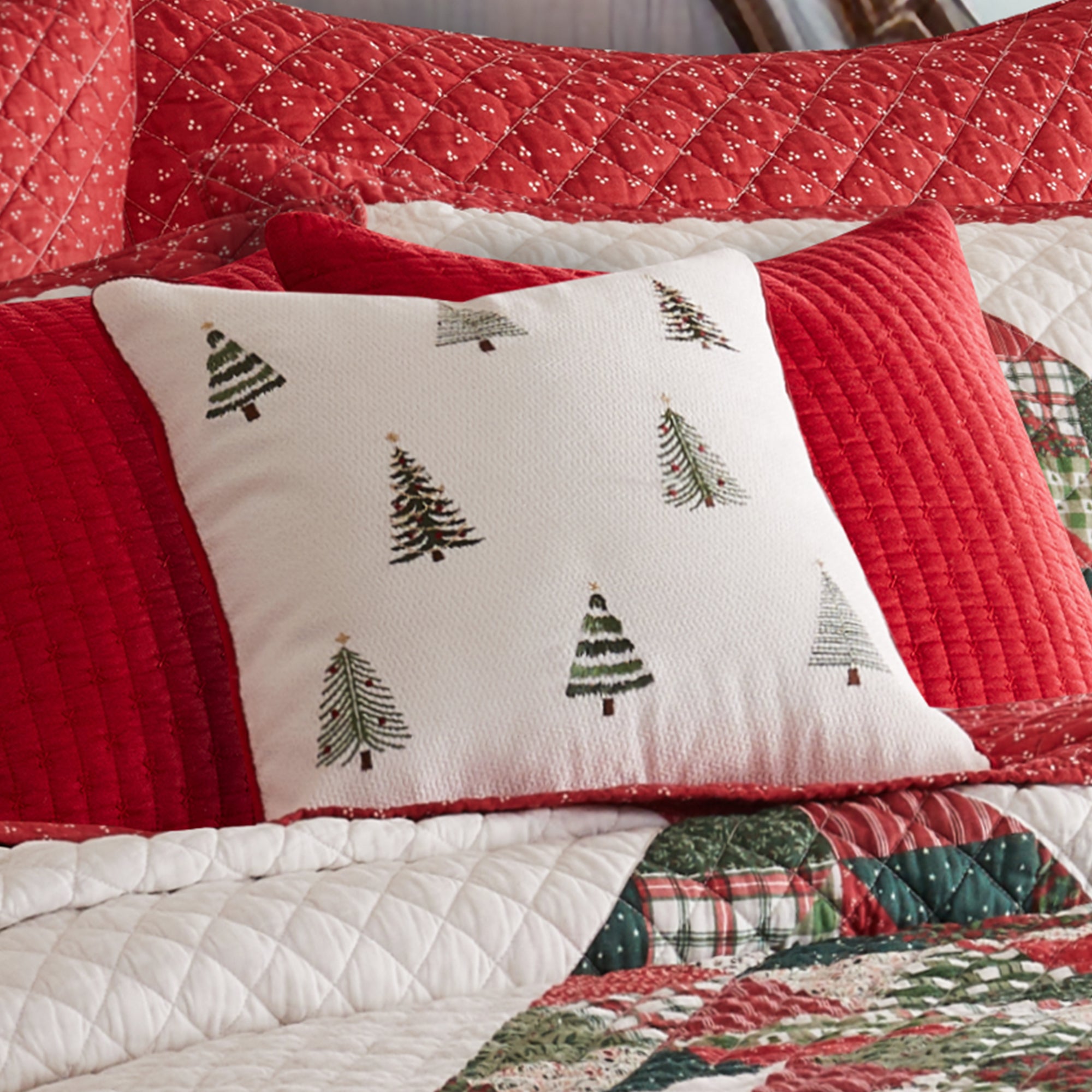 Patchwork Pine Embroidered Trees Pillow