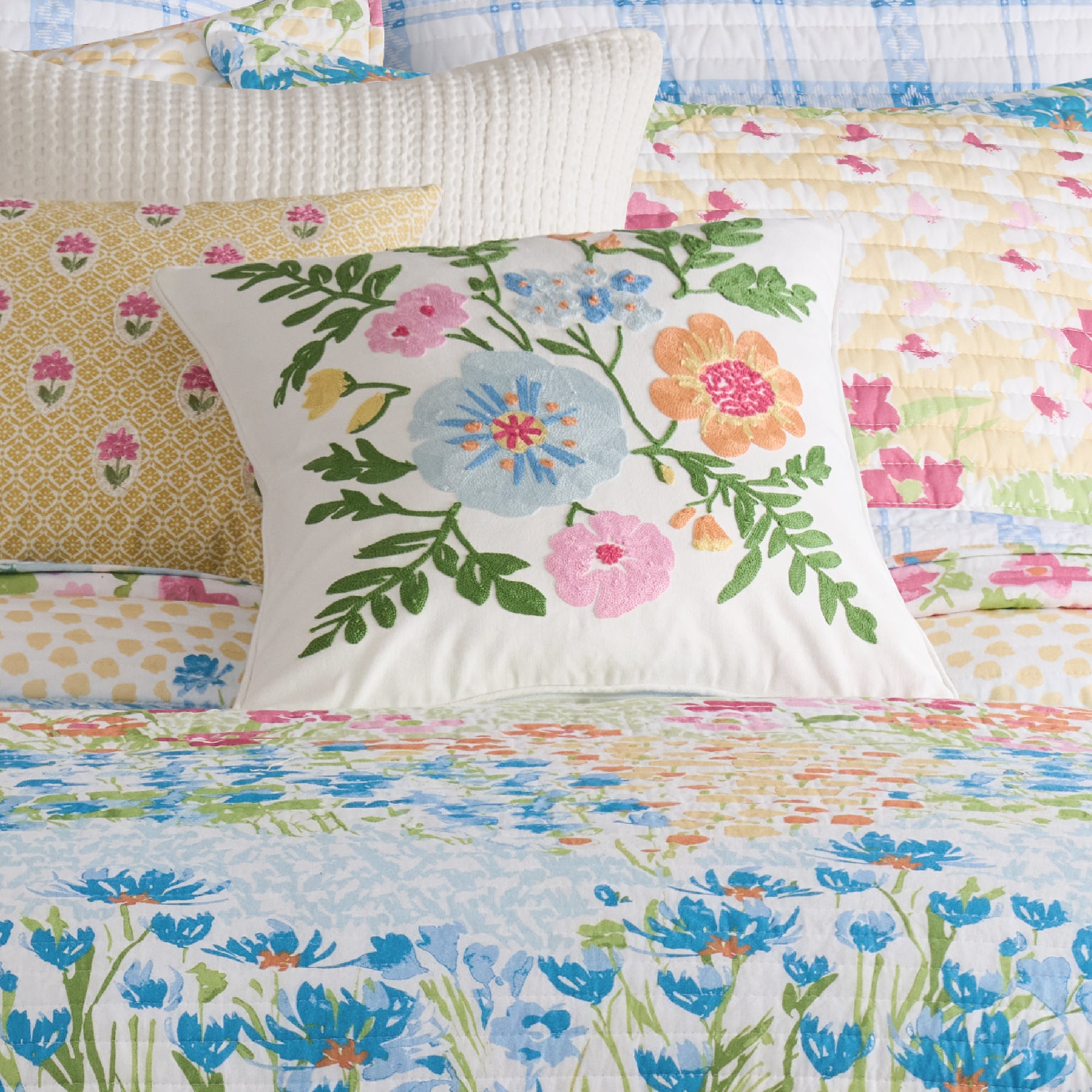Blooming Hillside Embroidered Floral Pillow