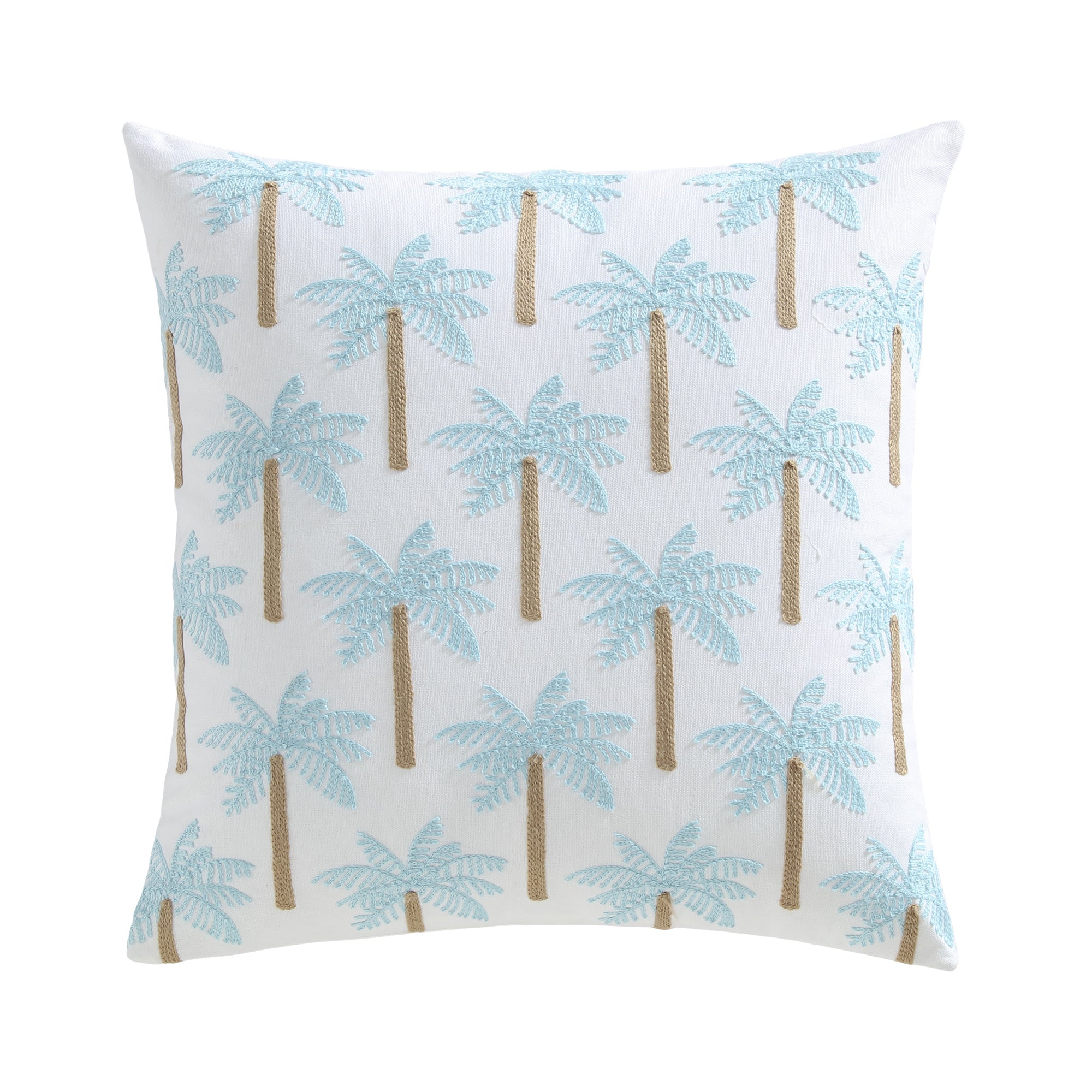 Boracay Stripe Crewel Palm Tree Pillow with embroidered palm trees in aqua and natural tones on white.