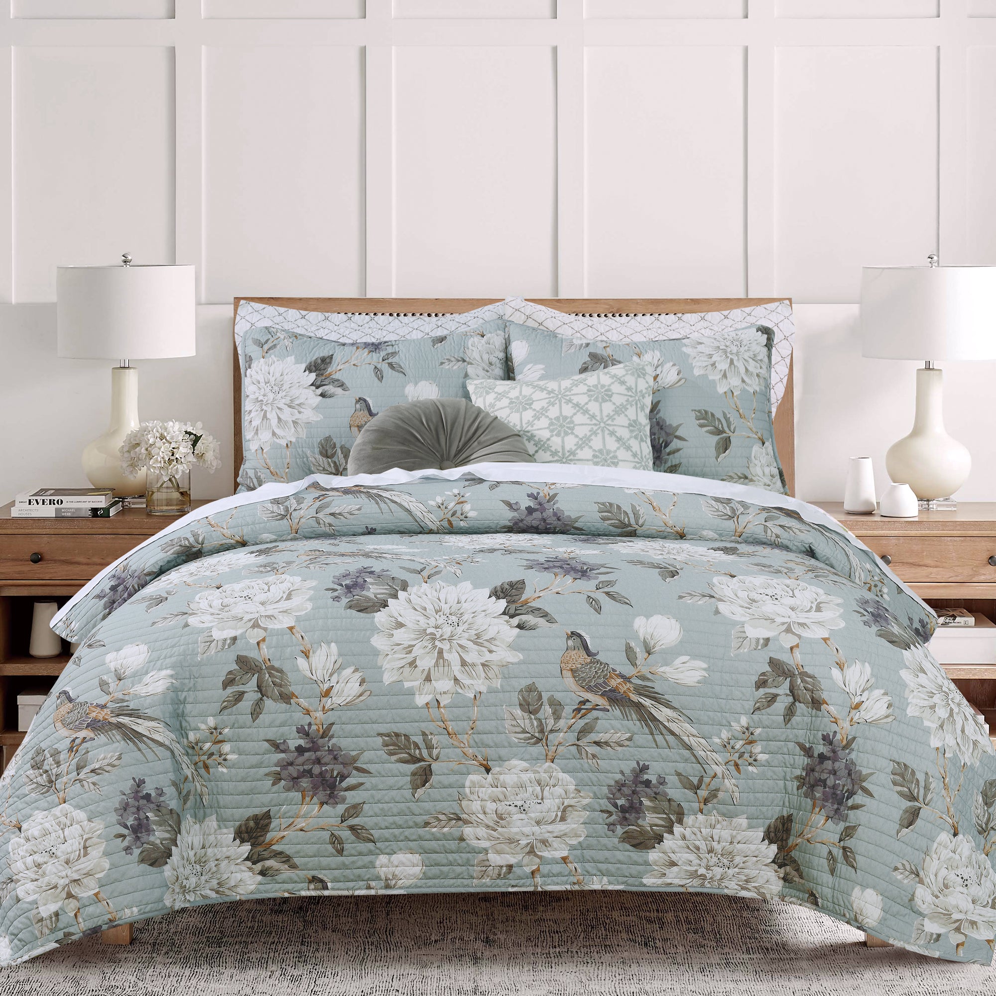 Belvedere Blue Embroidered Floral Pillow 18x18