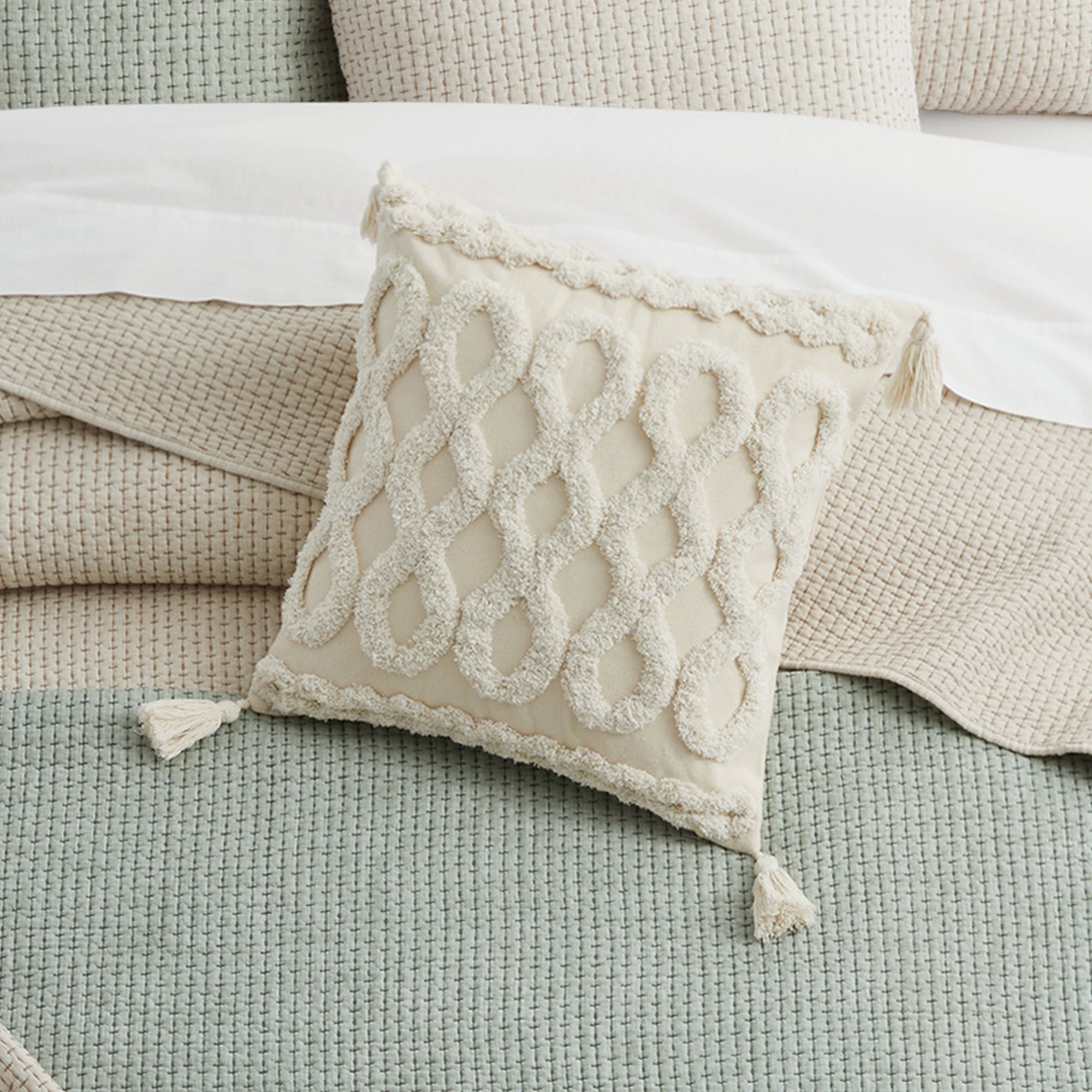 Pick-Stitch Artisan Tufted Diamond Pillow with Tassels