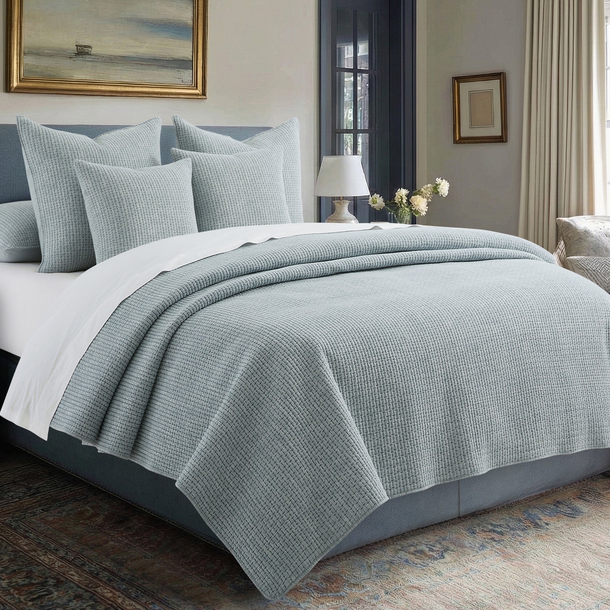 Pick-Stitch Artisan Euro Sham Set of 2 in a cozy bedroom setting with soft textures and layered bedding.