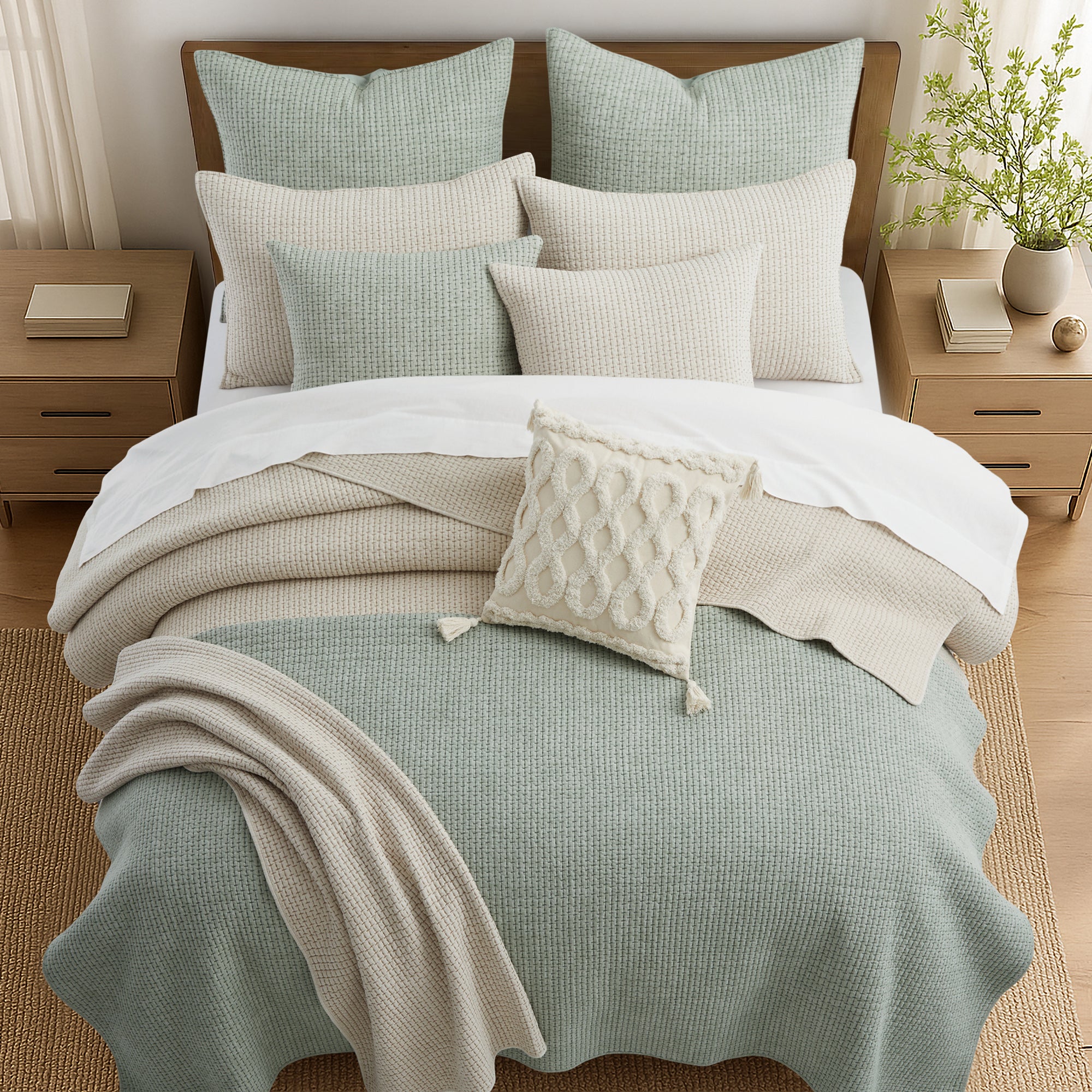 Pick-Stitch Artisan Euro Sham Set of 2 displayed on a cozy, layered bed with various pillows and soft textures.