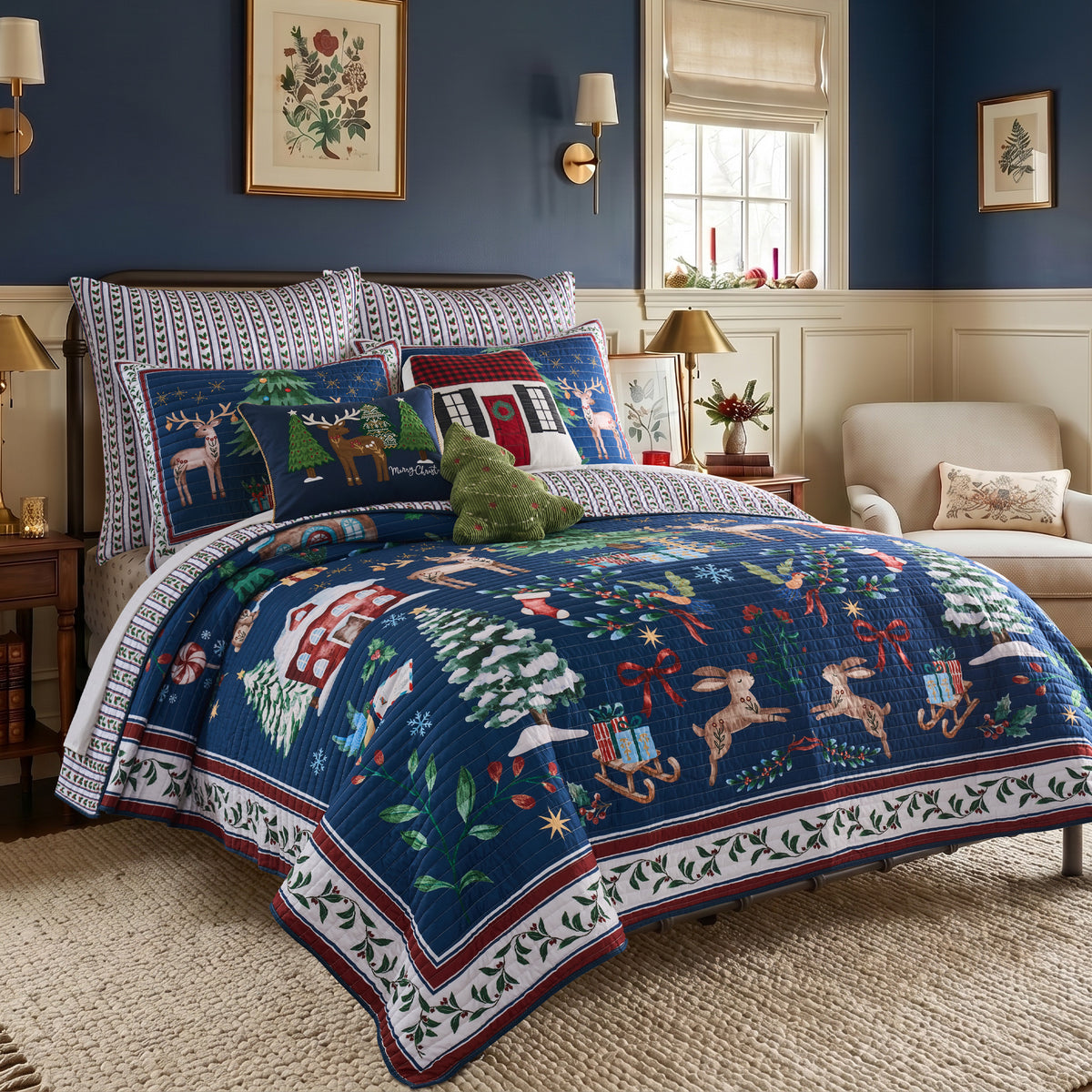 Christmas Cottage Applique Winter Scene Pillow