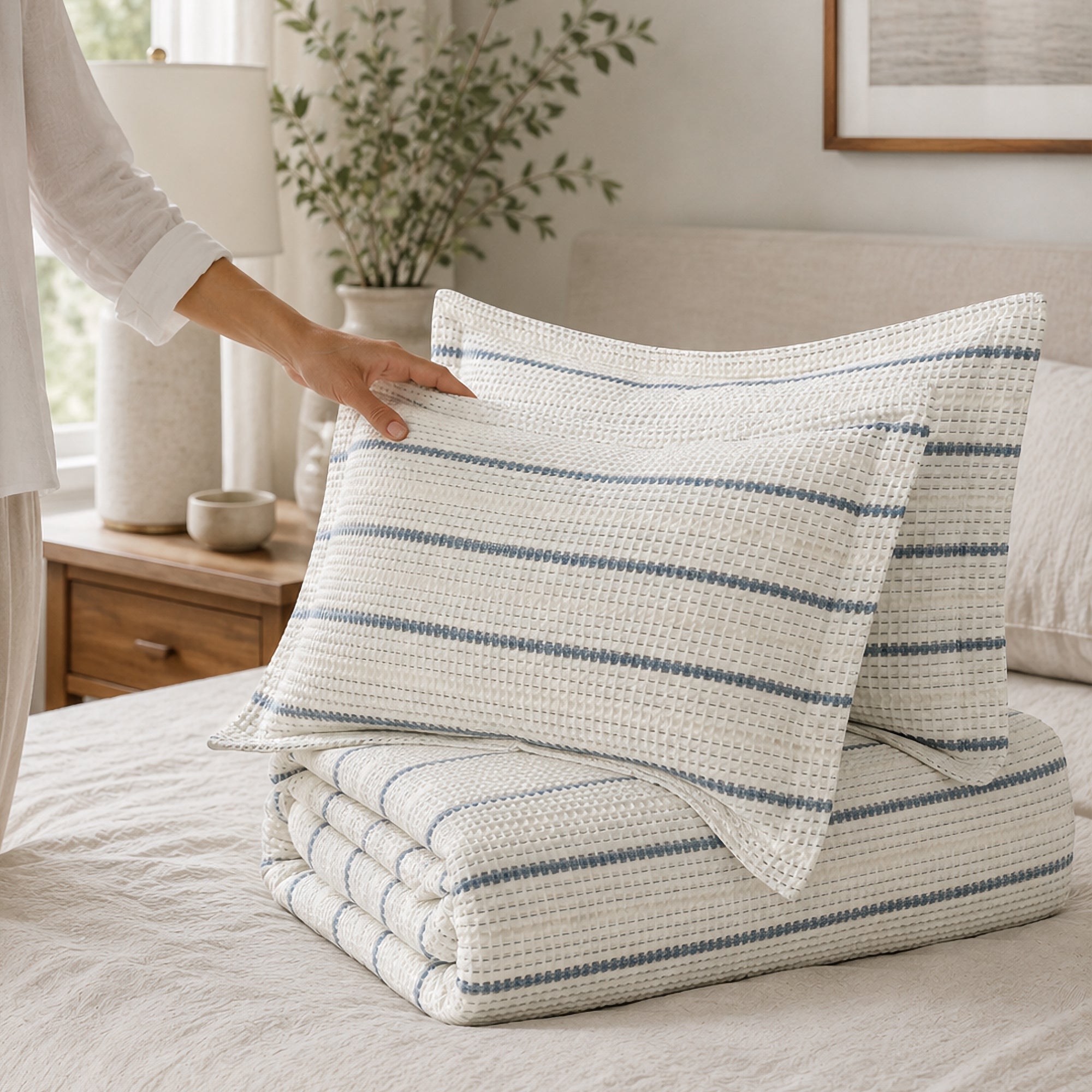 Waffle Stripe Blue Duvet Cover Set