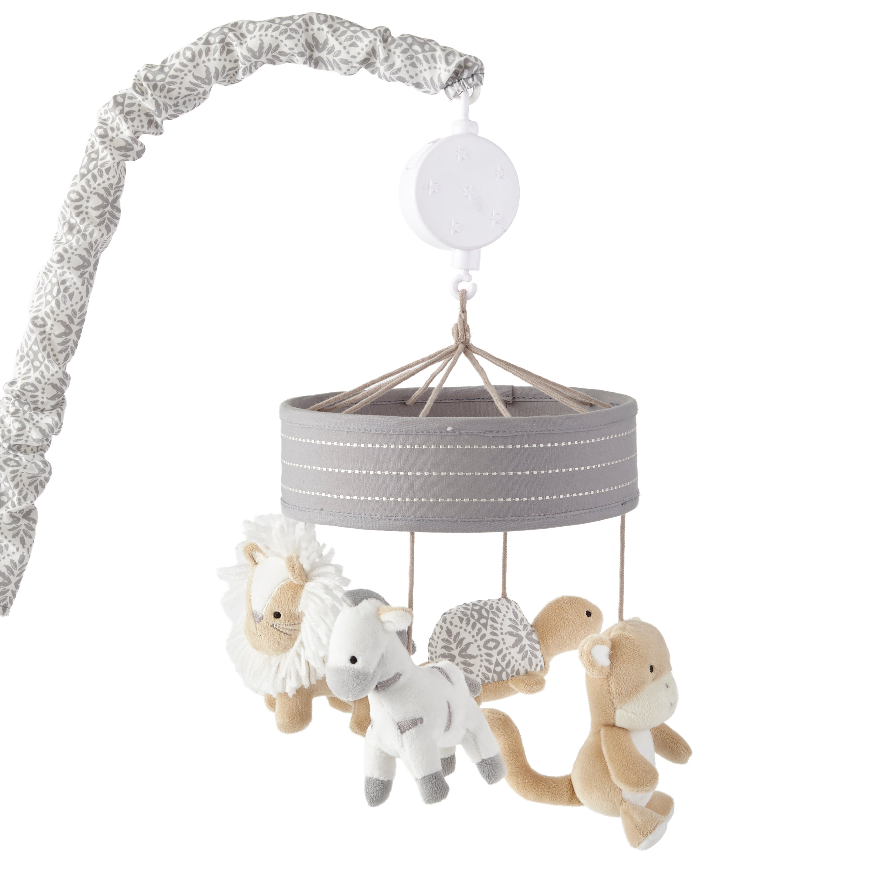 Natural-colored musical baby mobile featuring African animal plush toys