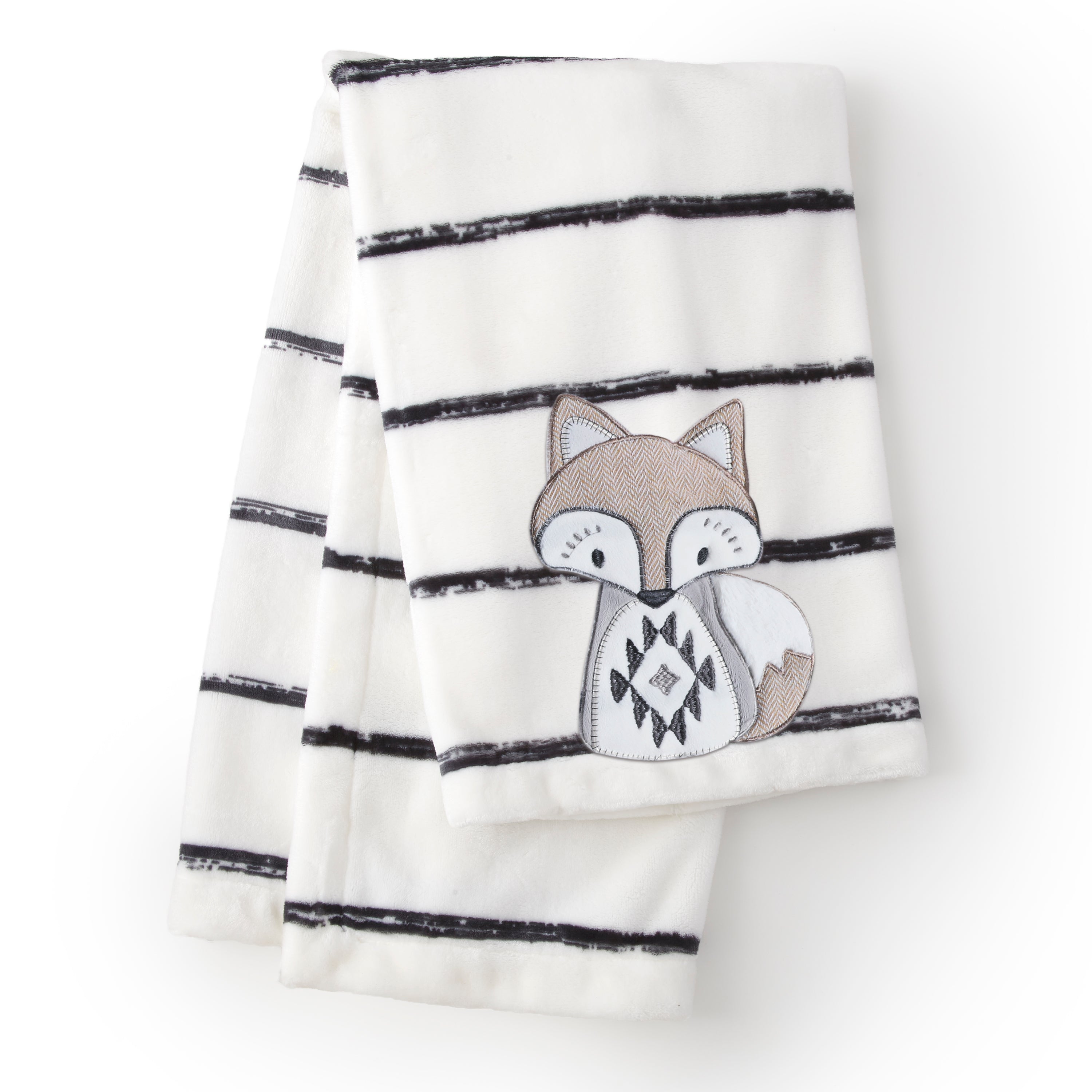 White baby blanket with subtle white stripes and an embroidered baby fox