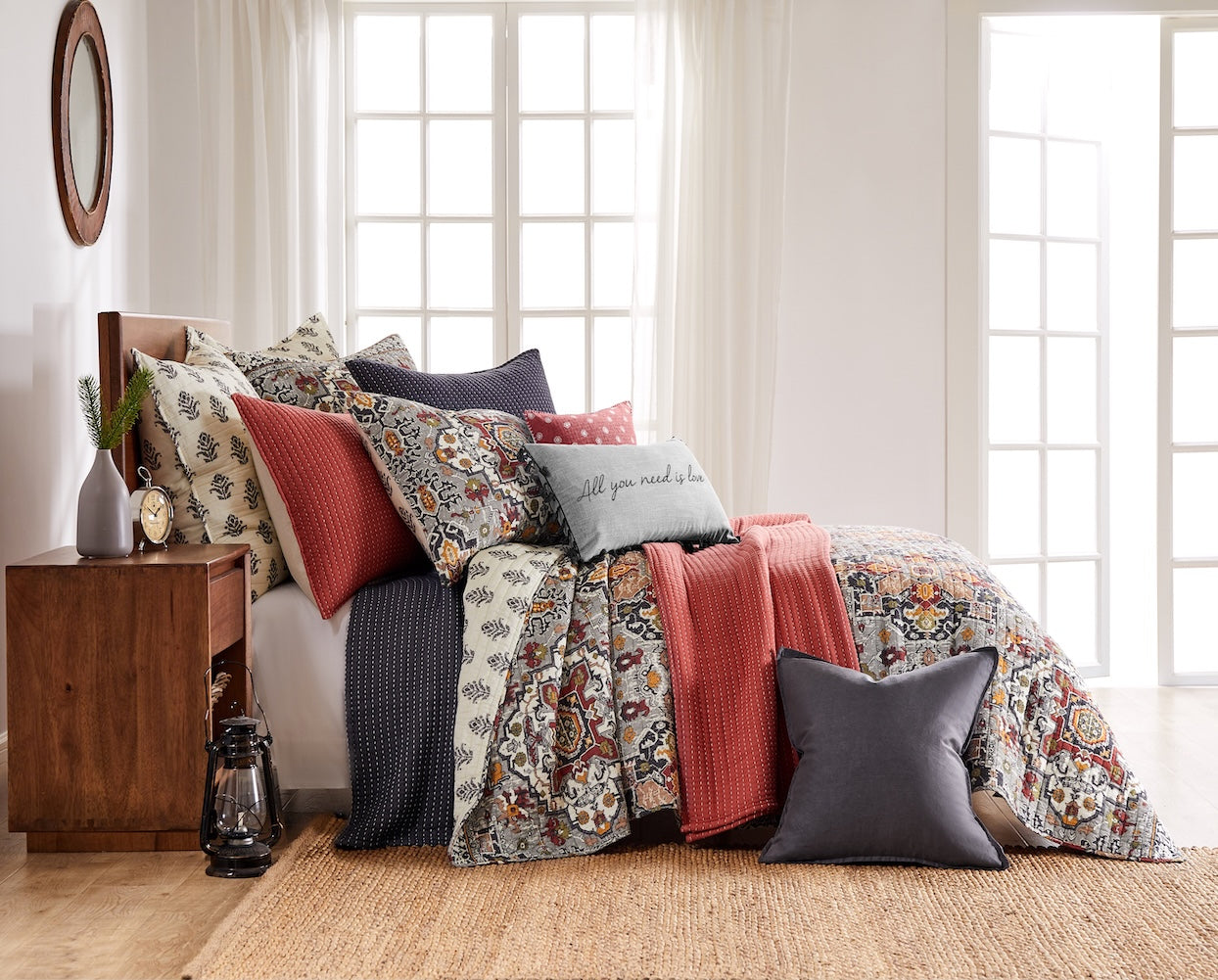  Levtex Home - Sophia Quilt Set - Full/Queen Quilt 88x92in. +  Two Standard Pillow Shams 26x20in. - Floral - Orange, Yellow, Red, Green,  Teal, and White - Reversible - Cotton Fabric : Home & Kitchen