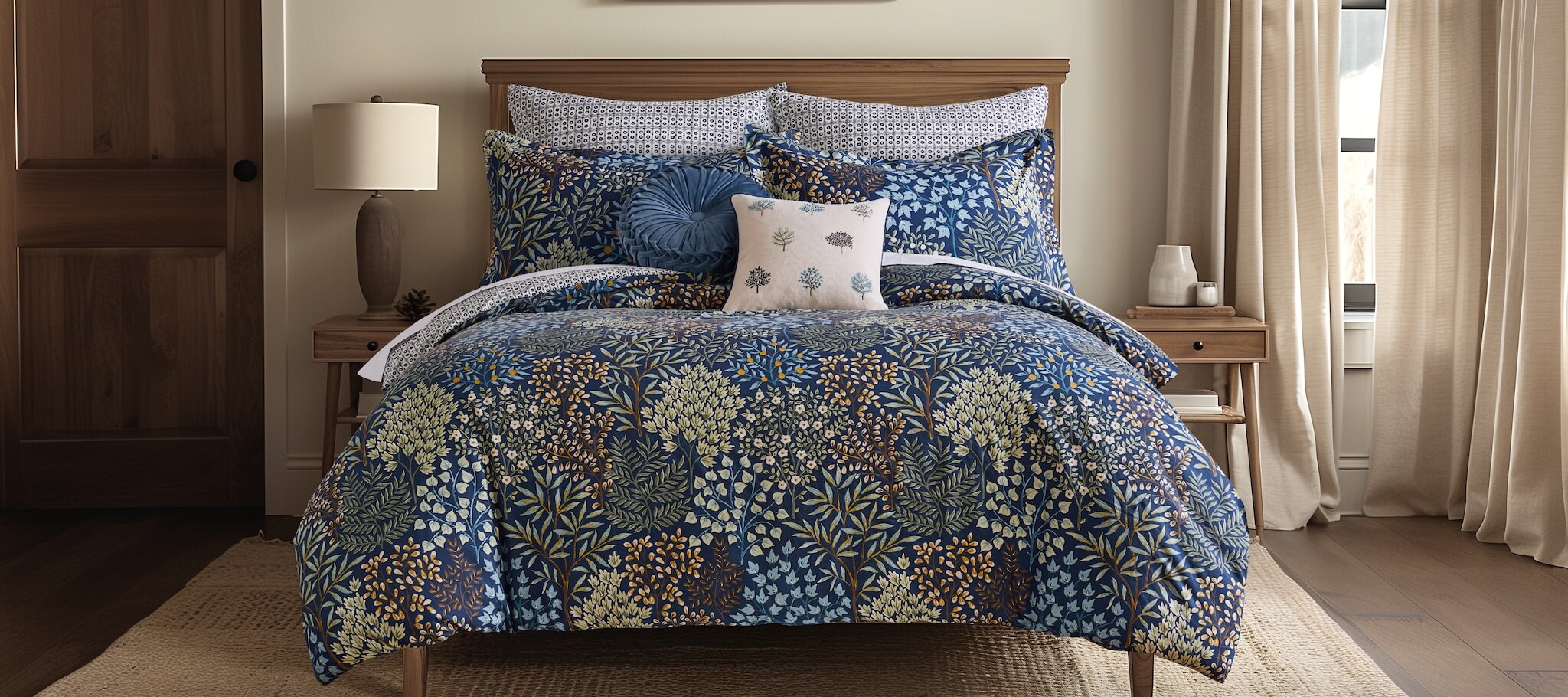 Bedroom with a Levtex Home English Forest Duvet Cover Set in Navy, featuring a wooden headboard and side tables.