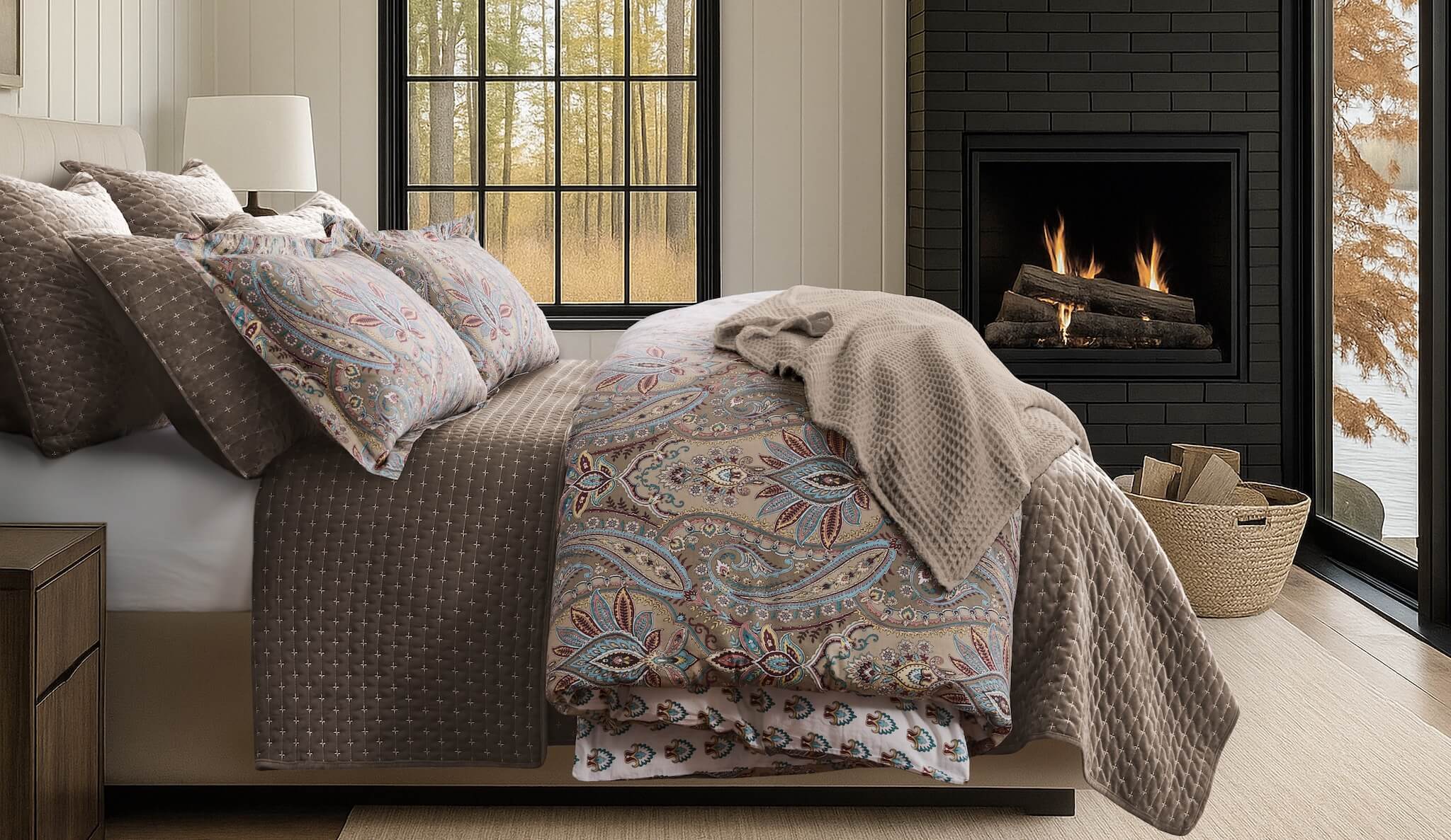 Cozy bedroom with a bed styled in the Levtex Home Kasey Duvet Cover Set and Velvet Stitch Quilt Set in Cocoa, with a fireplace and large windows