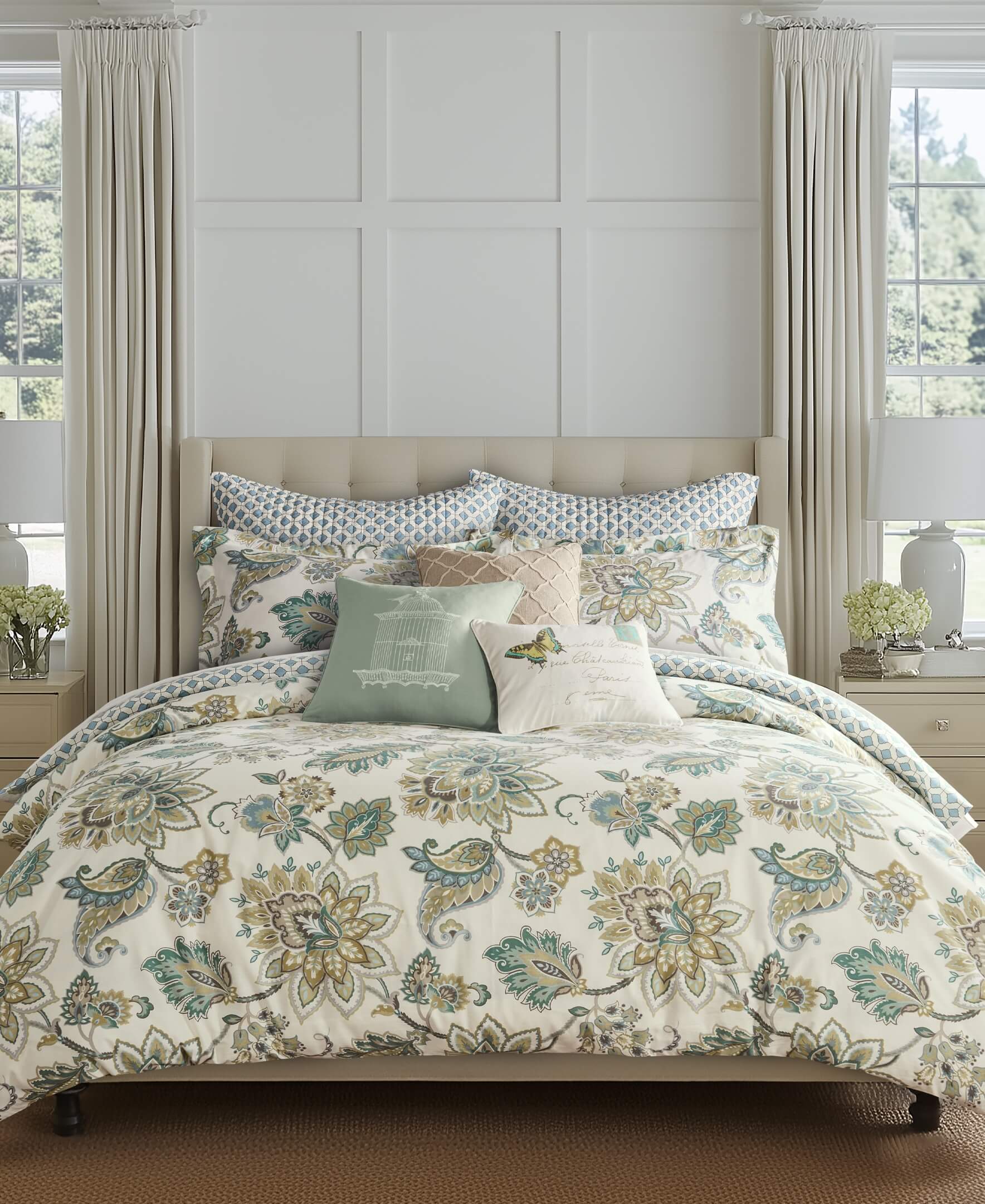 Bedroom featuring the Levtex Home Palladium Grey Duvet Cover Set with a floral print and decorative pillows