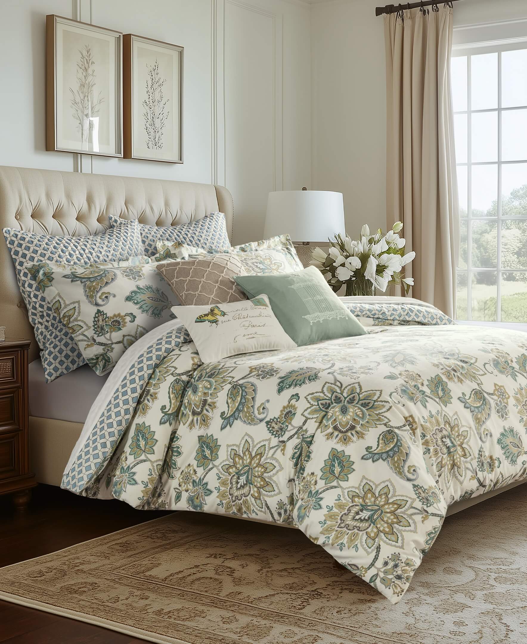 Levtex Home Palladium Grey Duvet Cover Set with a floral print on a bed in a bedroom with a lamp and window