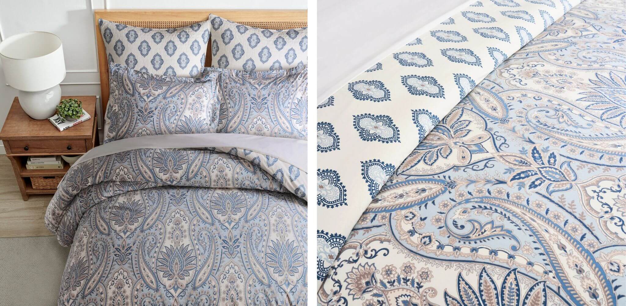 Patterned bedding set with a wooden nightstand and decorative items.