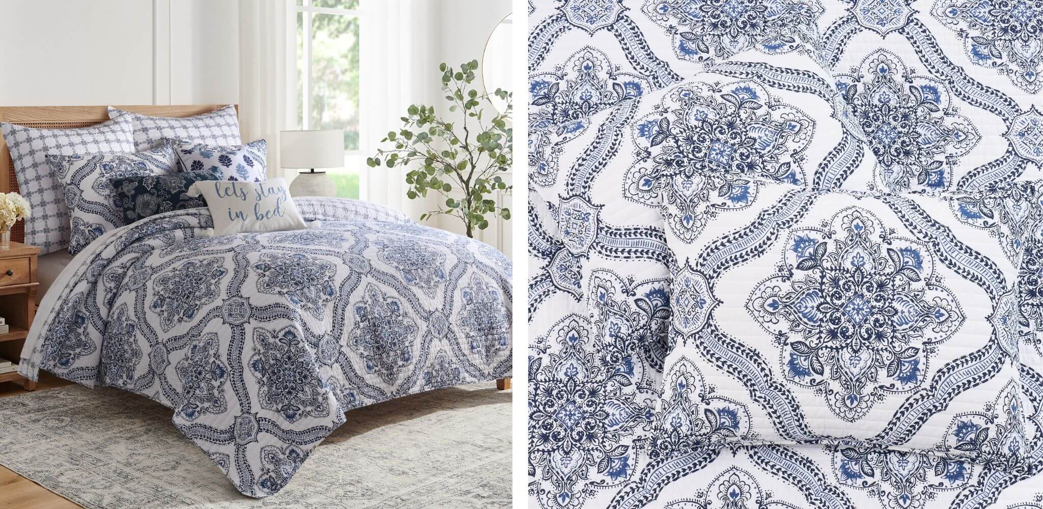 Blue and white patterned bedding set on a bed with a close-up of the fabric pattern.