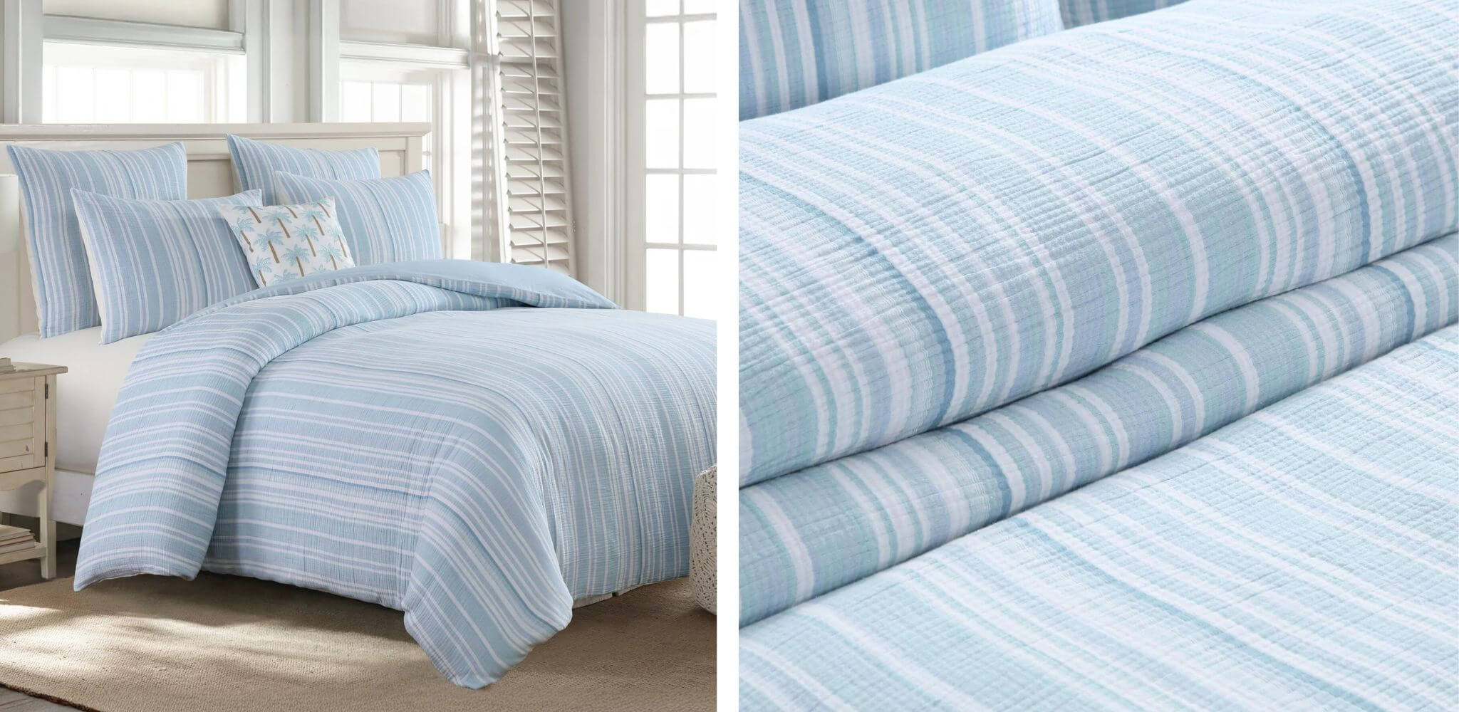 Light blue striped bedding set on a bed with a close-up of the fabric texture.
