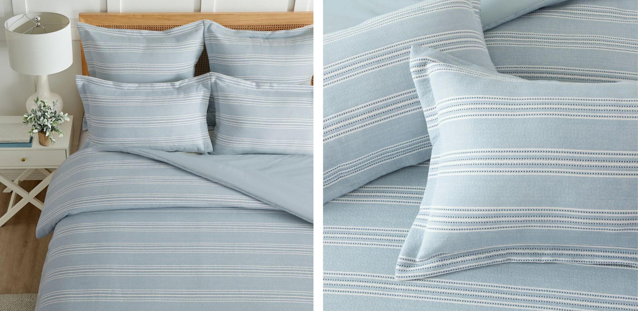Light blue striped bedding set with pillows on a bed, next to a close-up of the fabric.