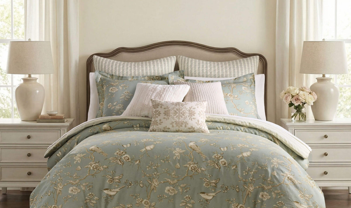 Parisian-inspired bedroom featuring a sage green and beige floral embroidered duvet cover with matching pillows.