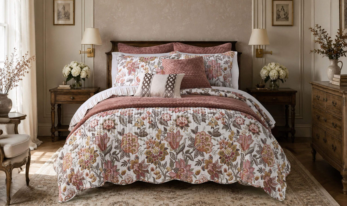 Parisienne-inspired bedroom featuring a floral quilt, dusty rose bedding, dark wood furniture, and warm brass lamps.